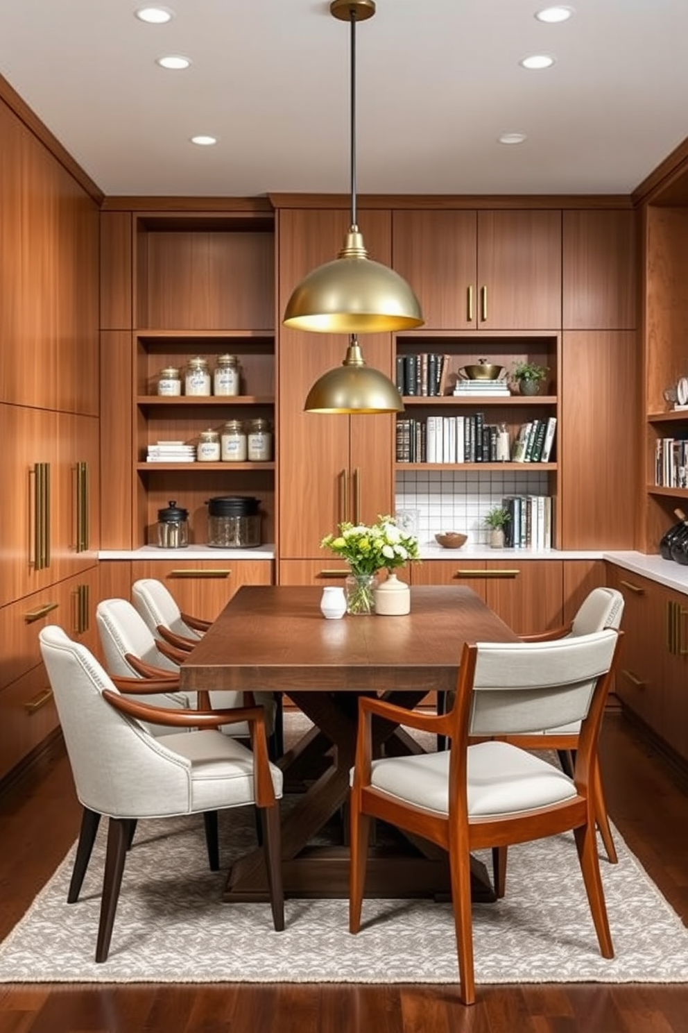 A dining room pantry that seamlessly blends modern and traditional elements. The pantry features sleek cabinetry with a warm wood finish, complemented by vintage-style brass handles and open shelving displaying artisanal jars and cookbooks. A large farmhouse table sits in the center, surrounded by a mix of contemporary upholstered chairs and classic wooden ones. Soft pendant lighting hangs above, casting a warm glow over the space, while a patterned rug adds texture beneath the table.