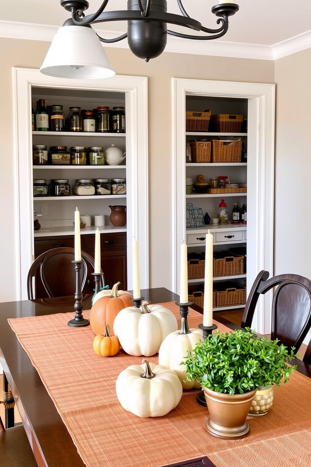 Seasonal decor to refresh the look. The dining room is adorned with autumn-themed centerpieces featuring pumpkins and gourds, complemented by warm-toned table linens and candles. Dining room pantry design ideas. The pantry showcases open shelving with neatly organized jars and baskets, while a small countertop area provides space for meal prep and decorative touches like herbs in pots.