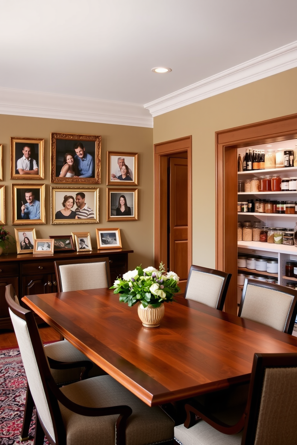 A stylish pantry design featuring a pull-down ironing board seamlessly integrated into the cabinetry for convenience. The space is illuminated by warm lighting, and the shelves are stocked with neatly organized jars and containers for a tidy appearance. The dining room features a sophisticated pantry with elegant wood cabinetry and a modern pull-down ironing board. Soft colors enhance the inviting atmosphere, while decorative elements like potted herbs add a touch of charm.