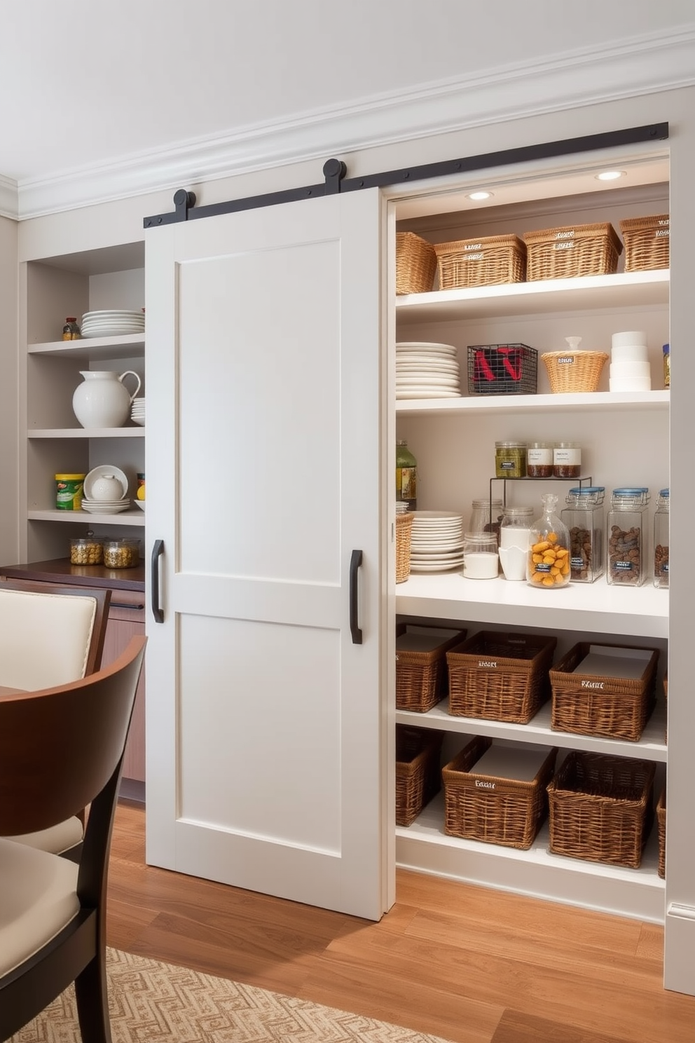 A functional dining room pantry features open shelving for easy access to dishes and ingredients. The pantry is designed with a sliding door that seamlessly integrates with the dining area, ensuring a cohesive look. Ample counter space allows for meal prep and serving, while strategically placed lighting highlights the organized shelves. A combination of baskets and labeled containers keeps everything tidy and visually appealing.