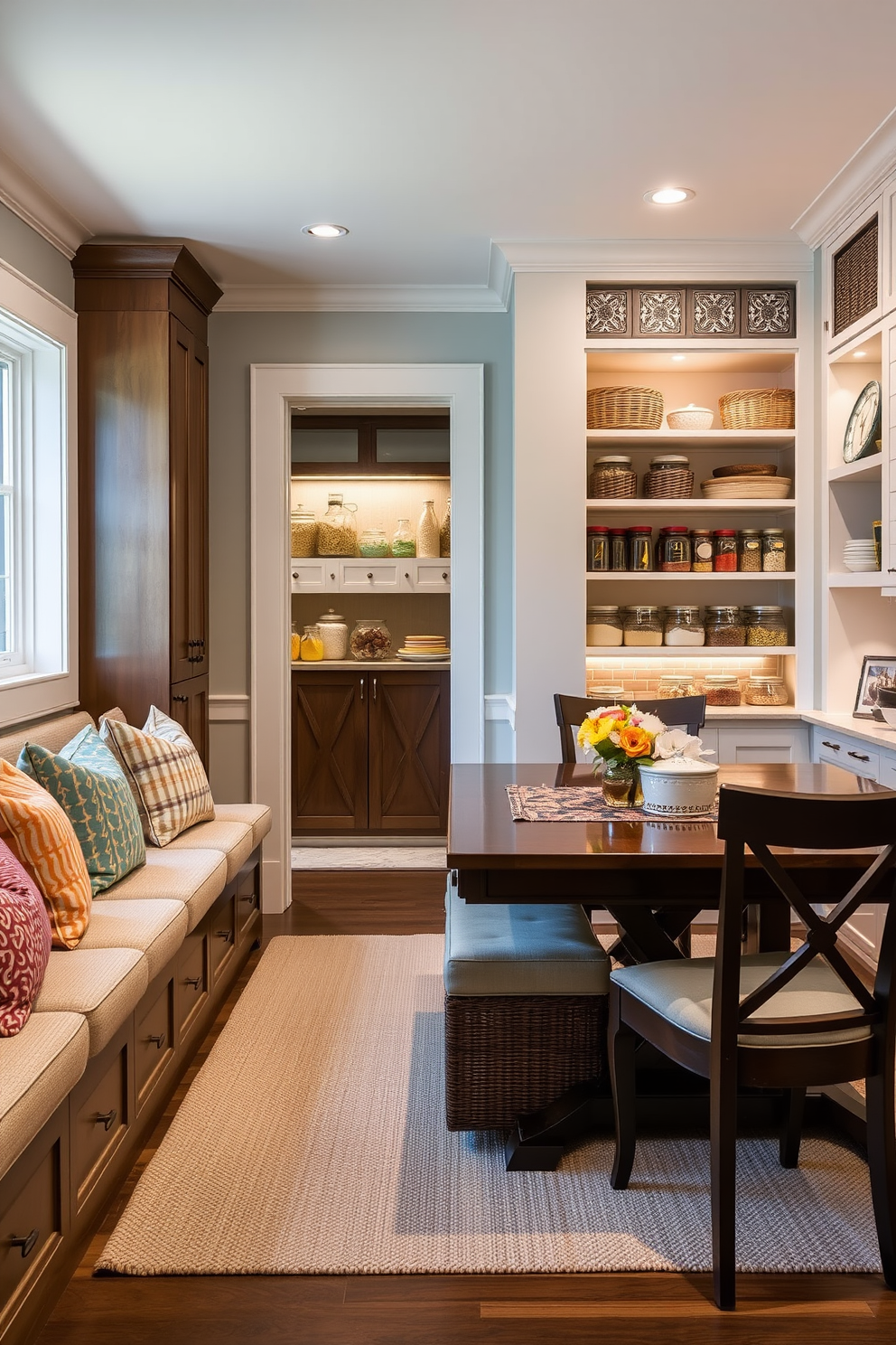 A cozy dining room featuring built-in bench seating along the walls. The benches are upholstered in a soft fabric with colorful throw pillows and include storage underneath for easy access to dining essentials. Adjacent to the seating area, a well-organized pantry is designed with open shelving and closed cabinets. The pantry is illuminated by warm lighting, showcasing neatly arranged jars and baskets filled with a variety of food items.