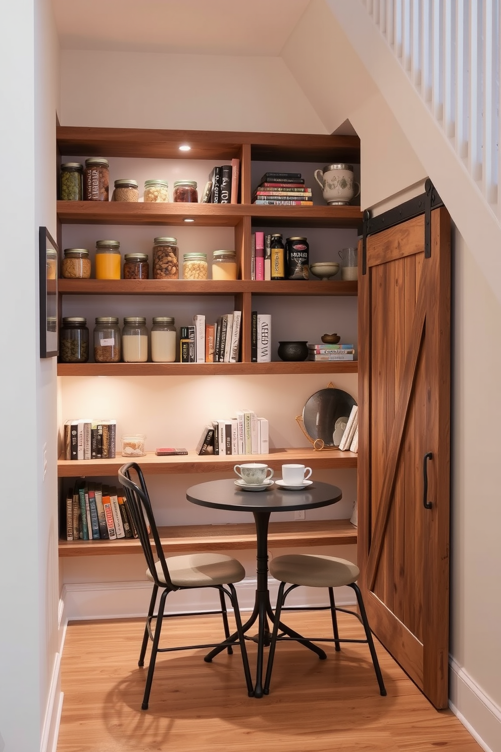 A cozy dining room pantry designed under the stairs features open shelving made of reclaimed wood, displaying a variety of jars and cookbooks. The walls are painted in a soft cream color, and a small round table with two chairs is tucked into the corner, creating an inviting nook for morning coffee. The pantry includes a sliding barn door for easy access, adding a rustic charm to the space. Ambient lighting illuminates the shelves, highlighting the organized arrangement of kitchen essentials and decorative items.