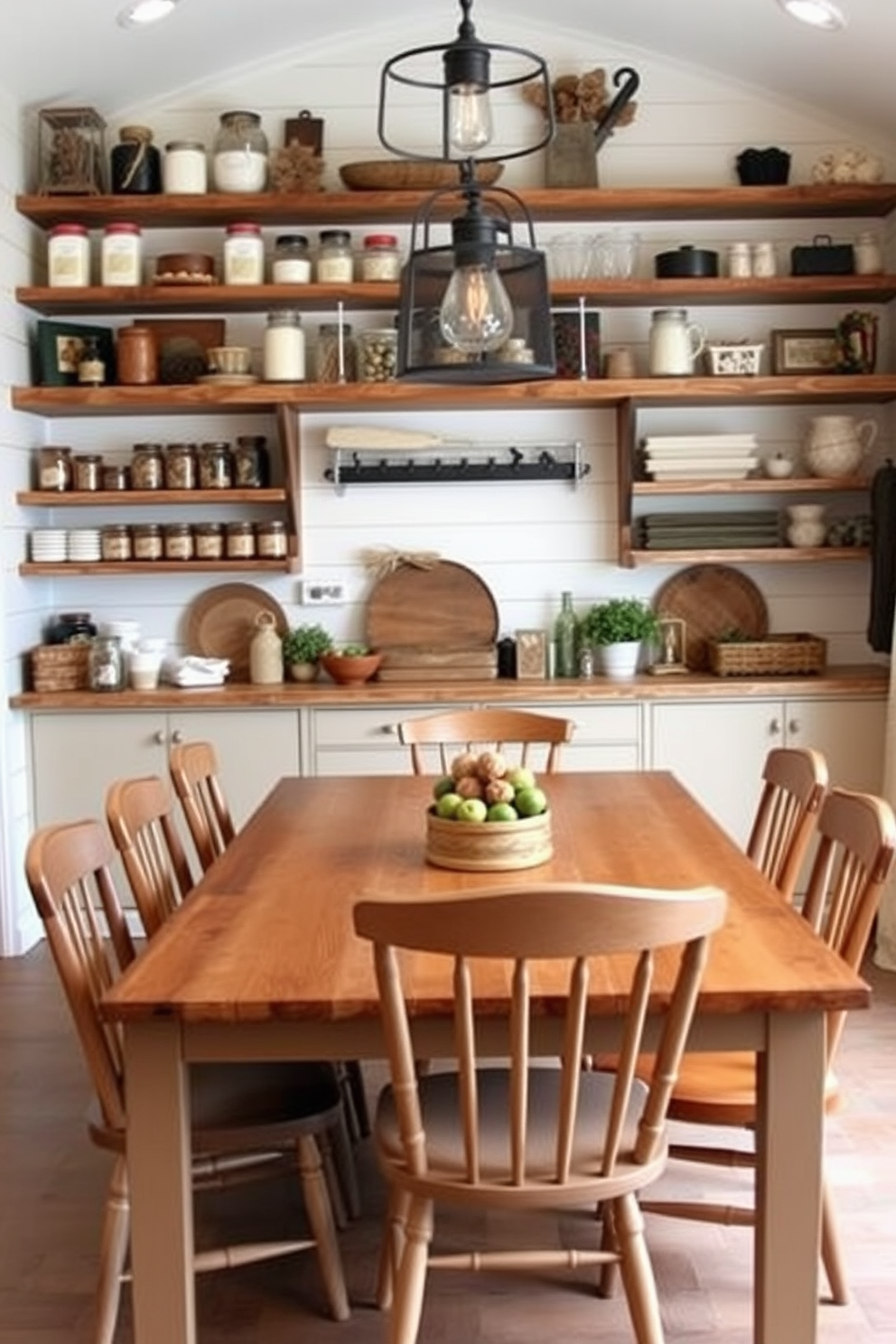 A cozy farmhouse dining room pantry featuring reclaimed wood shelves that display an array of rustic jars and seasonal decor. The walls are adorned with shiplap, and a large farmhouse table sits in the center, surrounded by mismatched chairs that add charm and character.