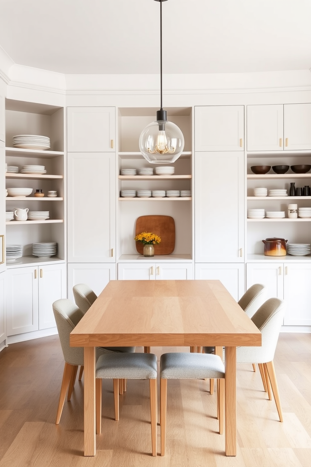 A minimalist dining room pantry features clean lines and a neutral color palette. The cabinetry is streamlined with no visible hardware, and open shelving displays neatly organized dishware and pantry essentials. A large, rectangular dining table made of light wood sits in the center, surrounded by simple, upholstered chairs. Soft ambient lighting from a pendant fixture above enhances the serene atmosphere, creating an inviting space for meals.