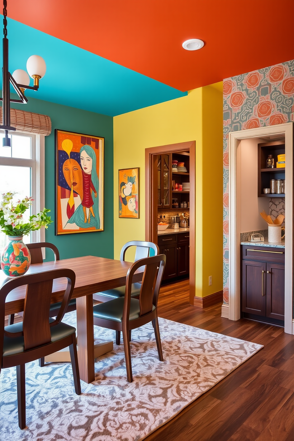 A vibrant dining room featuring colorful accent walls that add personality and warmth to the space. The walls are adorned with bold hues and artistic patterns that create an inviting atmosphere for family gatherings. A stylish pantry design that maximizes space and functionality while maintaining a cohesive look with the dining area. The pantry includes custom shelving, organized storage solutions, and a small countertop for meal prep and convenience.