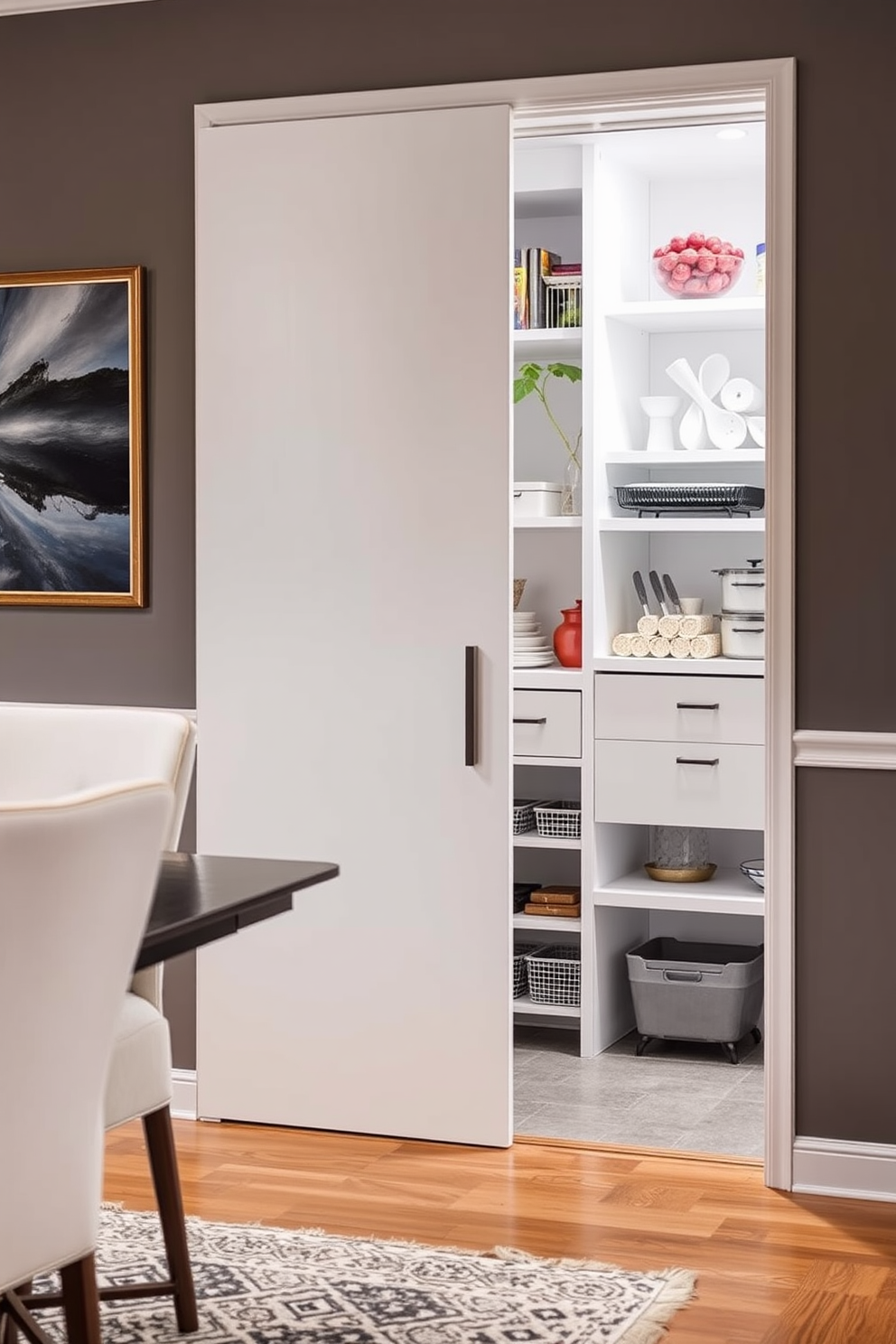 A hidden pantry behind a sleek sliding door seamlessly integrates into the dining room decor. The pantry features custom shelving and storage solutions, ensuring an organized and functional space while maintaining a clean aesthetic.