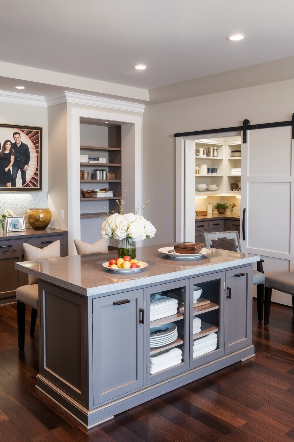 A minimalist dining room pantry features sleek cabinetry with a seamless finish and integrated handles. The space is illuminated by natural light streaming through large windows, highlighting the organized shelves stocked with elegant dishware and pantry essentials. The color palette is neutral, with white walls and light wood accents creating a serene atmosphere. A simple dining table with understated chairs is positioned nearby, enhancing the overall clean and uncluttered aesthetic.