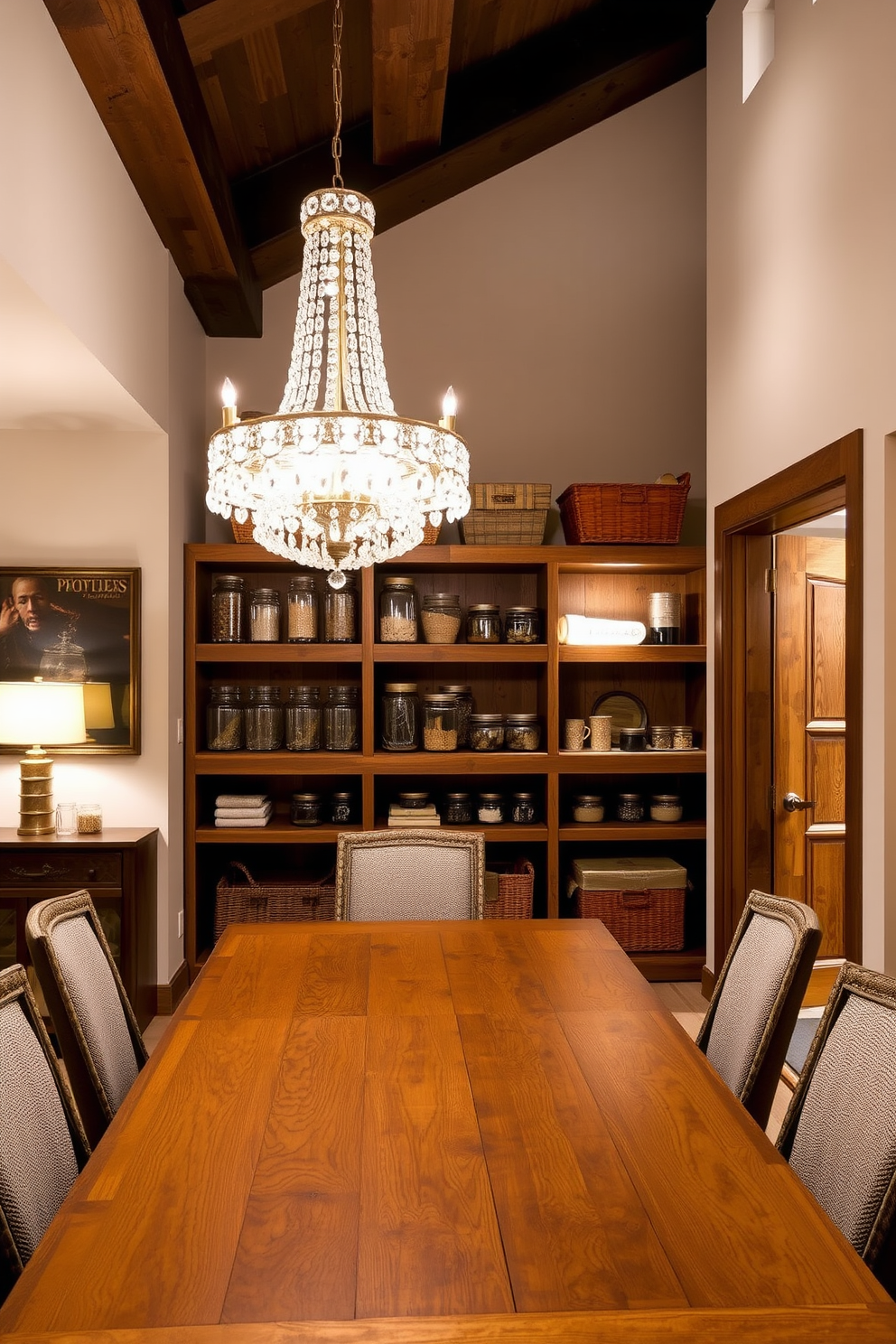 A cozy pantry featuring a chalkboard wall that allows for easy note-taking and meal planning. The shelves are filled with neatly organized jars and containers, showcasing a variety of grains, spices, and snacks. Adjacent to the pantry, the dining room boasts a warm and inviting atmosphere. A large wooden table is surrounded by upholstered chairs, with soft lighting illuminating the space for family gatherings.