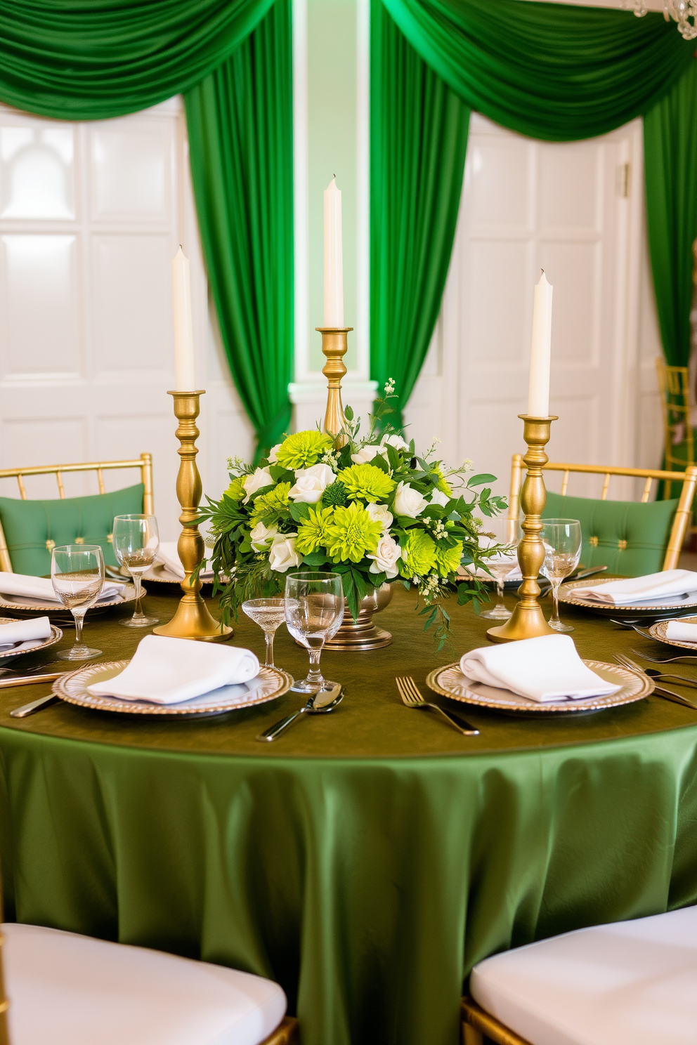 A beautifully set dining table features a vibrant green table runner that stretches the length of the table. Atop the runner, elegant gold accents are incorporated through candle holders and decorative plates, creating a festive St. Patrick's Day atmosphere.