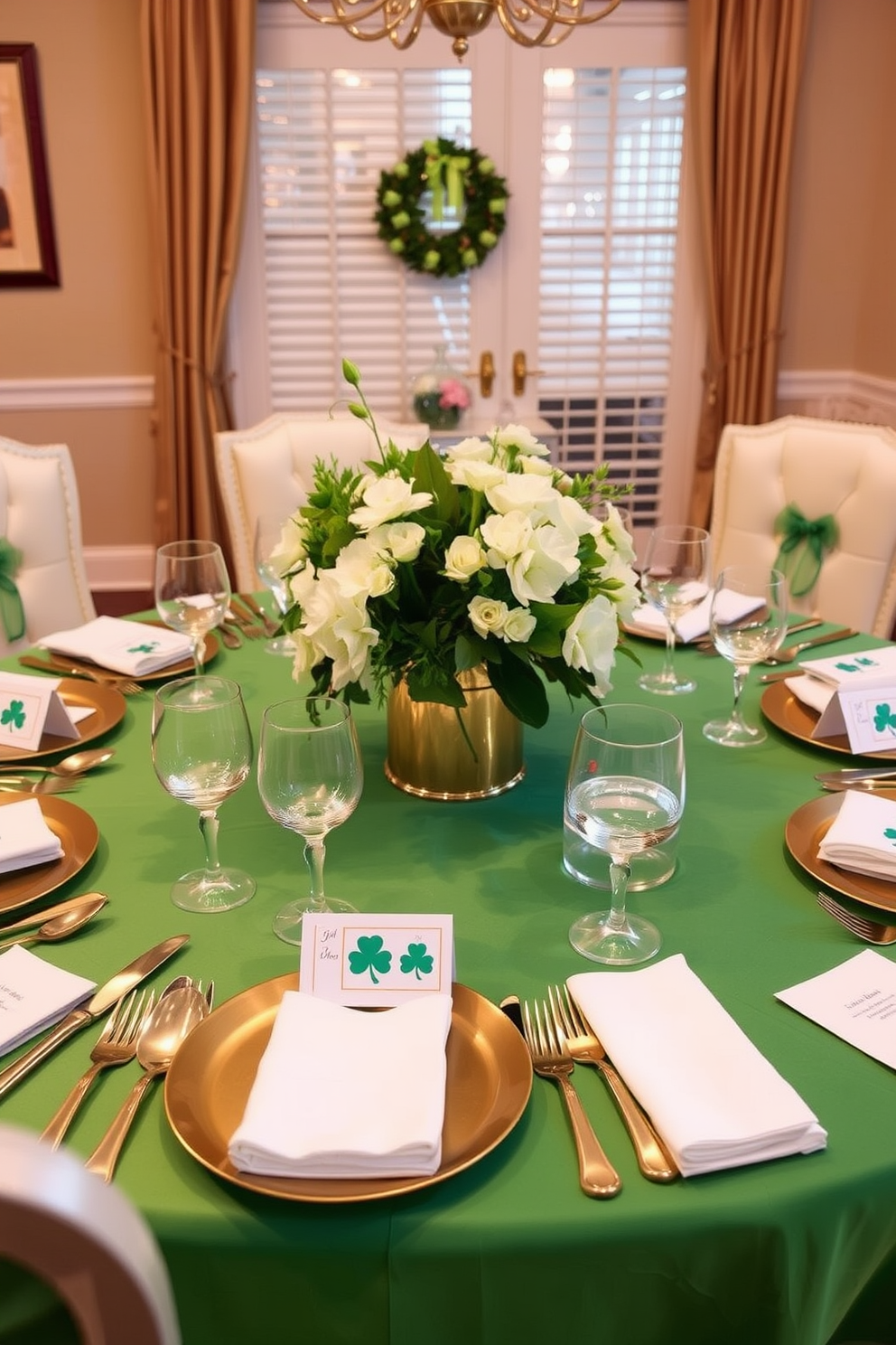 A rustic wooden table is set in a cozy dining room adorned with lush greenery. The table is decorated with vibrant shamrocks and candles, creating a festive atmosphere for St. Patrick's Day celebrations.