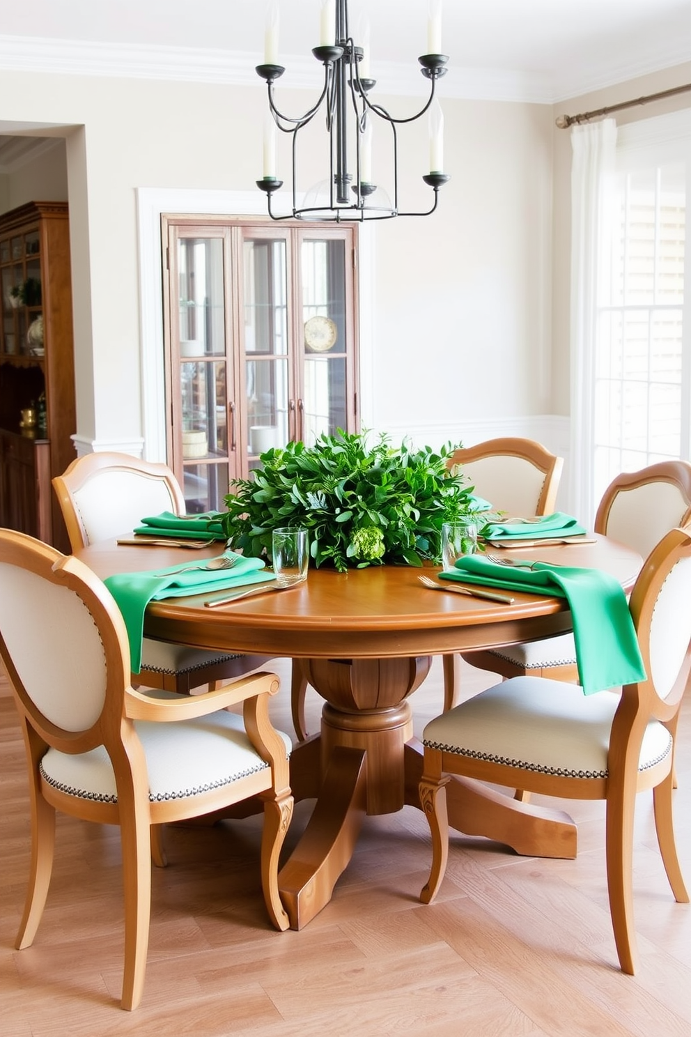 A natural wood dining table is surrounded by elegant chairs, adorned with fresh greenery as a centerpiece. The table is set with festive St. Patrick's Day decorations, including vibrant green napkins and gold accents.