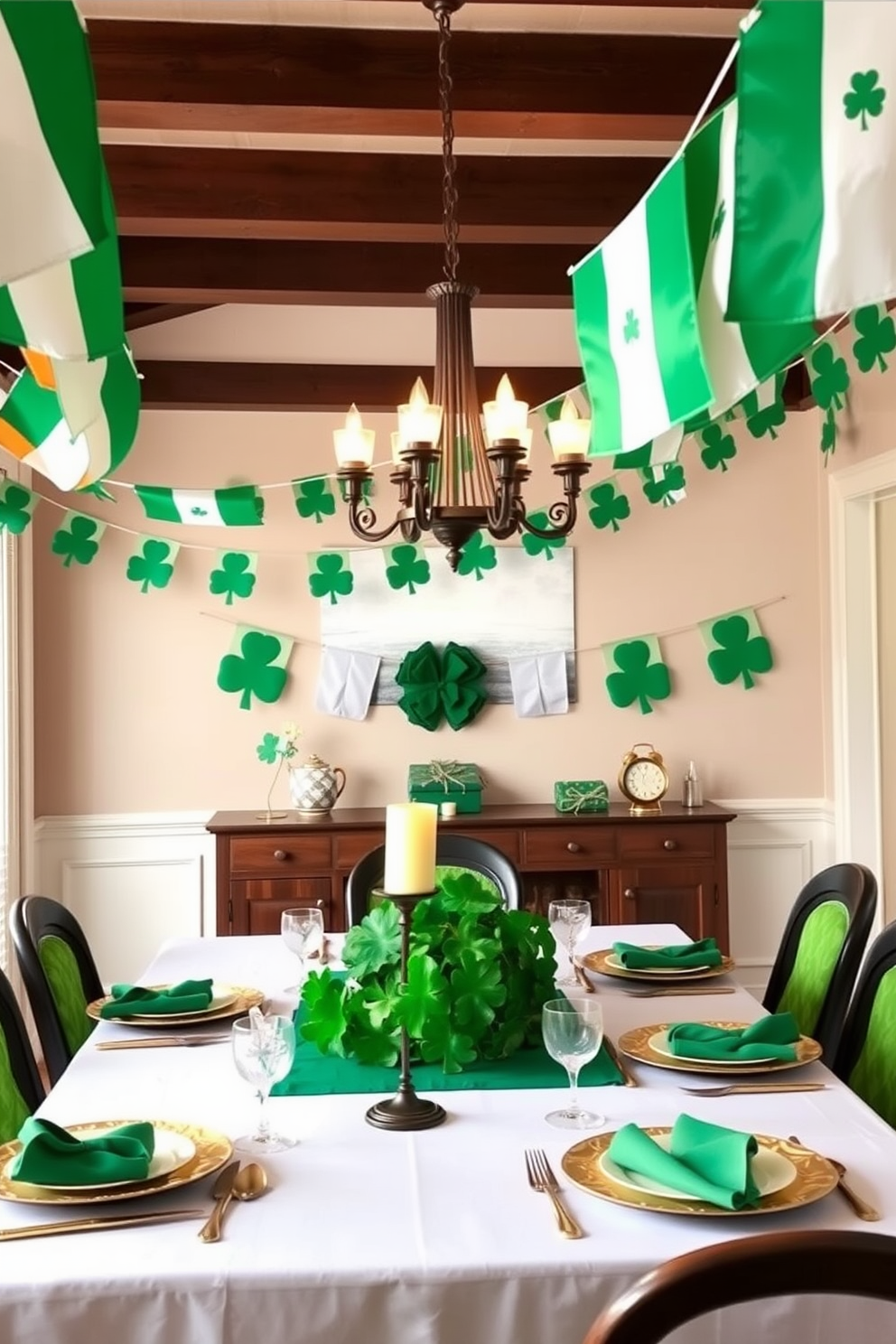 A festive dining room adorned for St. Patrick's Day features a beautifully set table with gold coins scattered across the surface. The table is surrounded by elegant chairs, and green and gold decorations enhance the celebratory atmosphere.