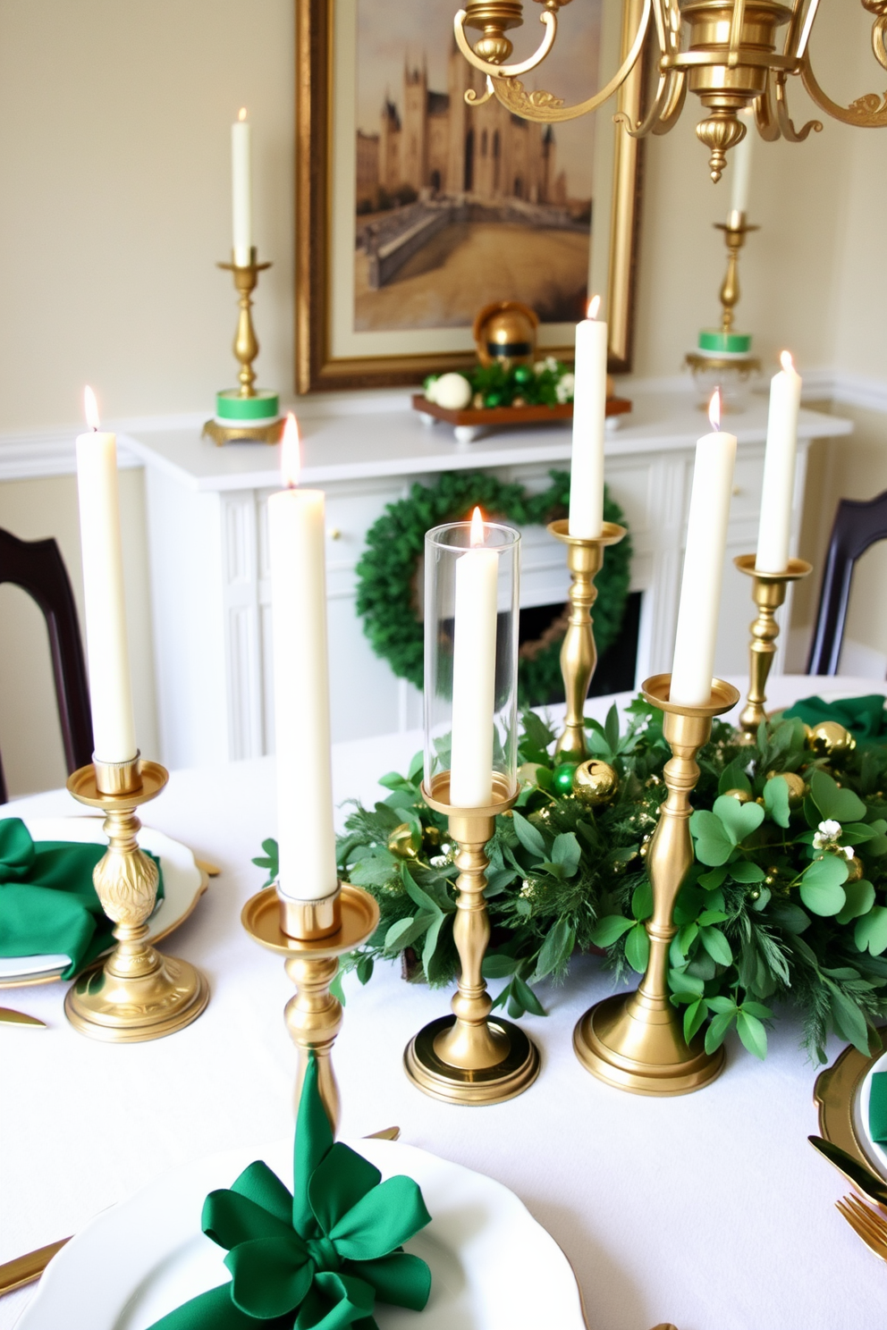 A cozy dining room setting adorned with candles in elegant green and gold holders. The table is set with festive decorations and arrangements that celebrate St. Patrick's Day, featuring touches of shamrocks and gold accents.