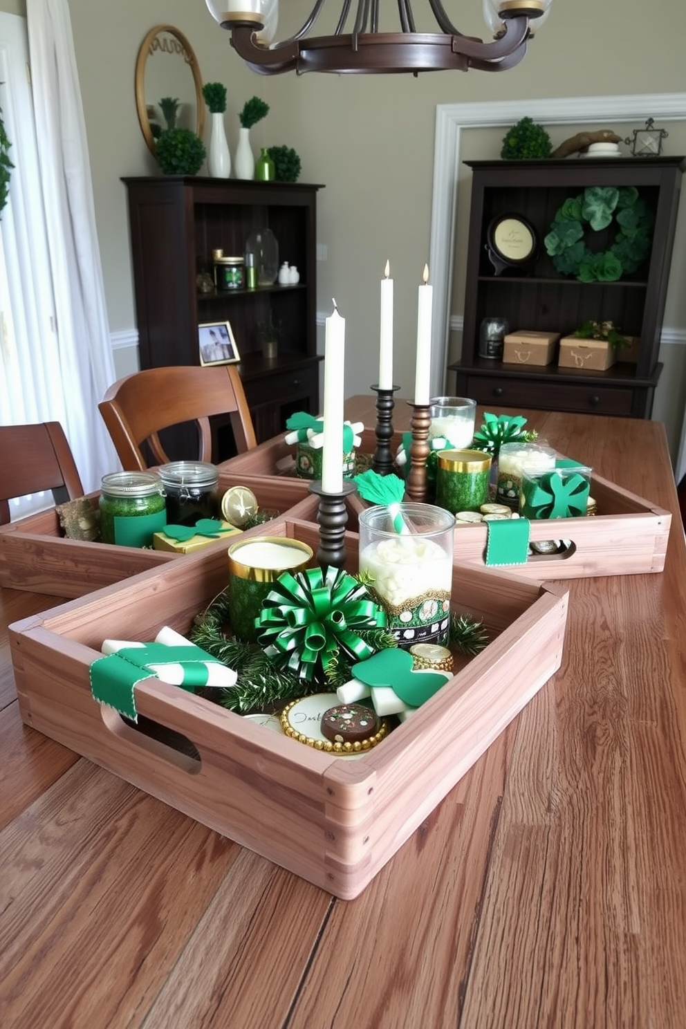 A cozy dining room setting featuring rustic wooden crates as serving trays. The crates are adorned with green and gold accents, perfect for St. Patrick's Day celebrations, and are filled with seasonal decorations and treats.