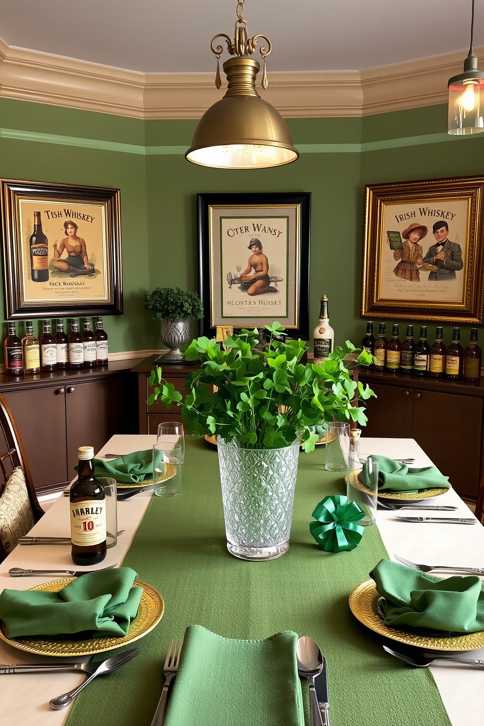 A cozy dining room adorned with Irish whiskey bottles as decor. The table is set with green and gold accents, featuring a centerpiece of fresh shamrocks in a crystal vase. On the walls, there are framed vintage whiskey advertisements that add a touch of nostalgia. Soft lighting from elegant pendant fixtures creates a warm and inviting atmosphere for St. Patrick's Day celebrations.