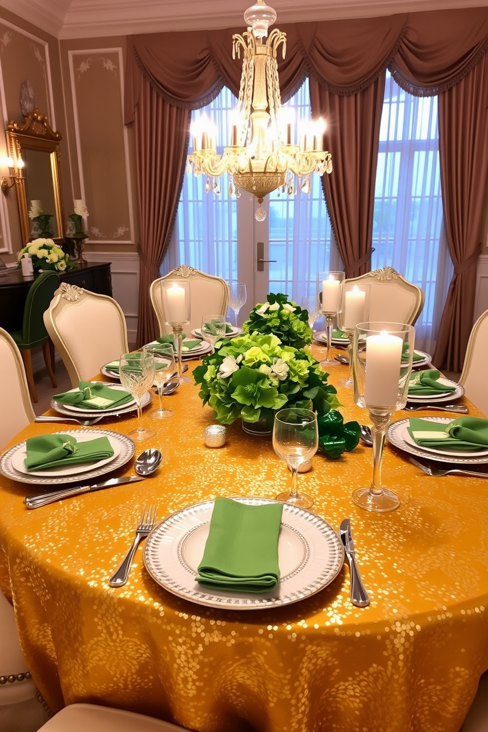 A stunning dining room setting features a pot of gold centerpiece overflowing with shiny chocolate coins. The table is elegantly set with green and gold accents, complemented by festive St. Patrick's Day decorations adorning the walls.