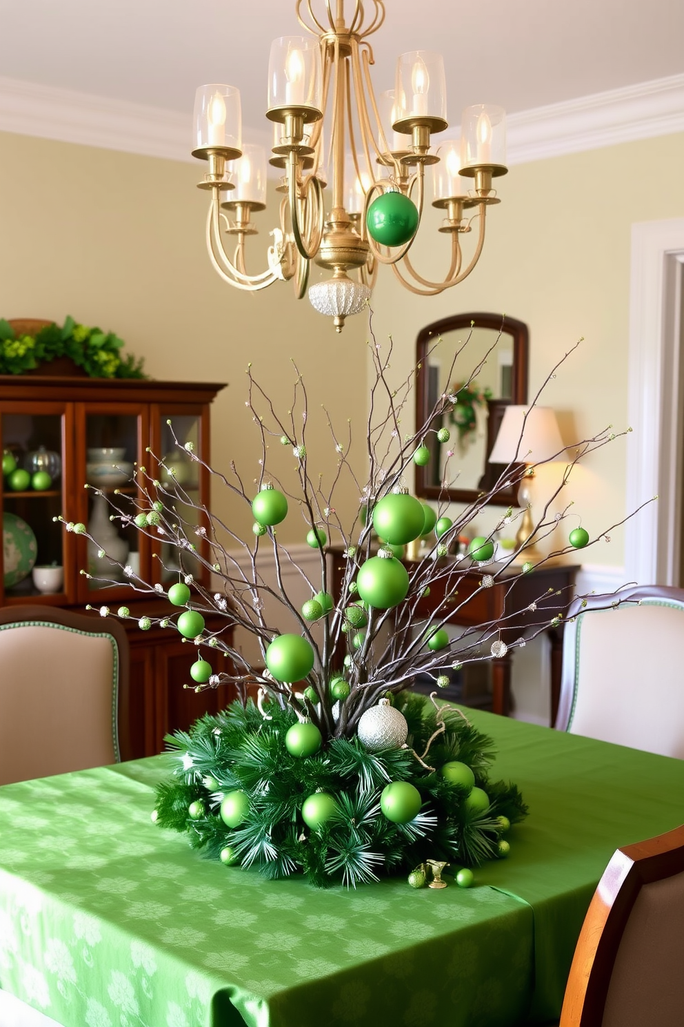 A dining room elegantly decorated for St. Patrick's Day featuring baubles in various shades of green. The table is adorned with a lush green tablecloth and a centerpiece made of intertwined branches and sparkling ornaments.