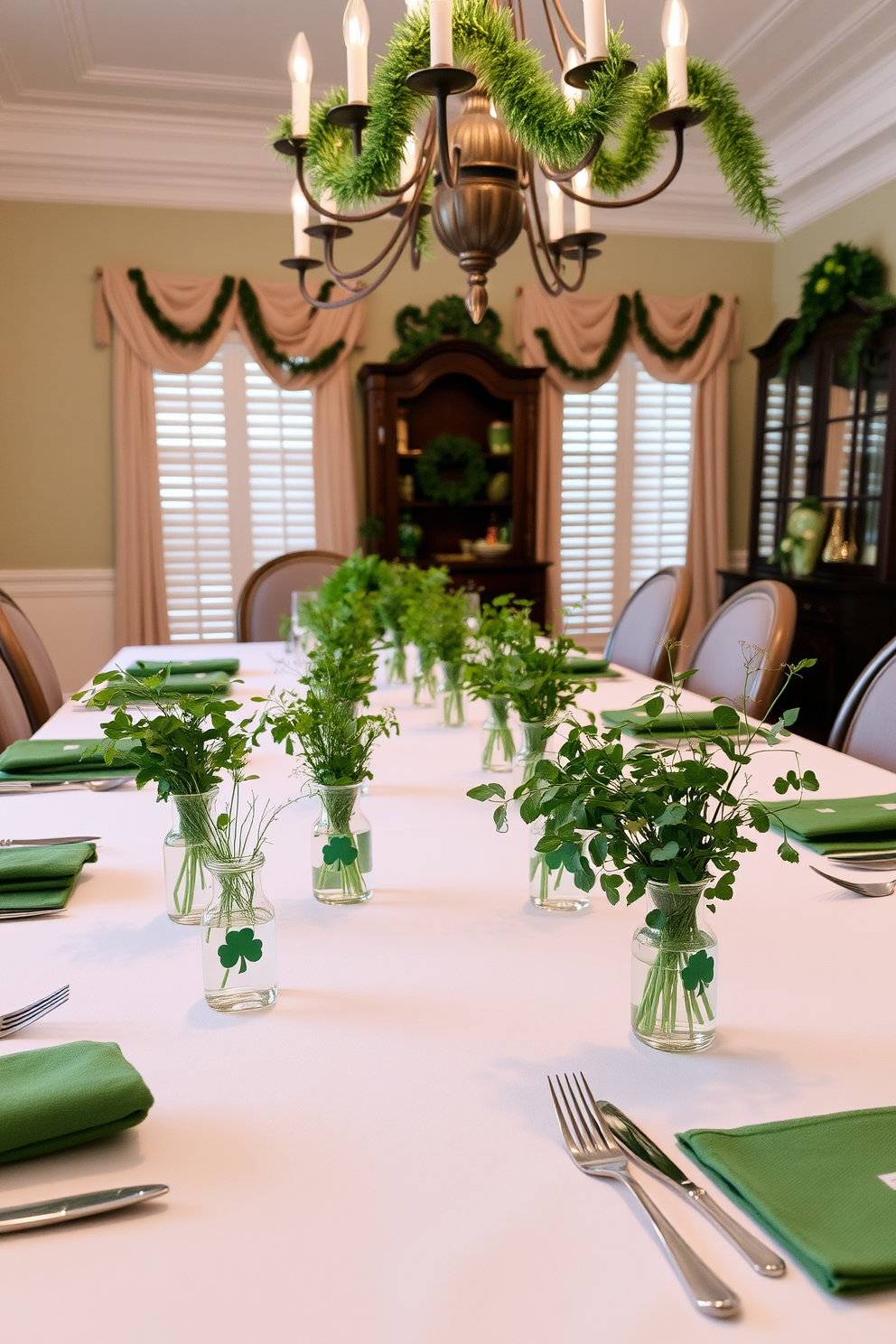 Fresh herbs in small vases adorn the dining table, bringing a touch of nature indoors. The vases are arranged in a linear fashion, complemented by a crisp white tablecloth and elegant dinnerware. For St. Patrick's Day, the dining room is decorated with green accents and subtle touches of gold. Shamrock motifs are incorporated into the table settings, and festive garlands hang gracefully from the chandelier above.