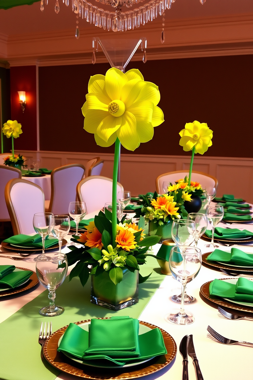 Create a dining room setting inspired by St. Patrick's Day. The table is elegantly set with white tablecloths and vibrant green shamrock-shaped napkin folds placed at each setting. Add centerpieces featuring fresh green flowers and candles in gold holders. The walls are adorned with subtle green and gold decorations that evoke a festive atmosphere.