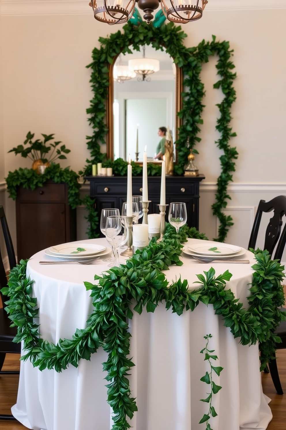 Decorative lanterns made of wrought iron are placed on the dining table, each holding a flickering candle that casts a warm glow. Surrounding the lanterns are green and gold accents, including shamrock centerpieces and festive tableware to celebrate St. Patrick's Day.