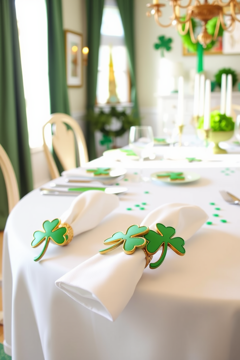 A charming dining room setting adorned with themed napkin rings featuring intricate shamrock designs. The table is elegantly set with a crisp white tablecloth, and vibrant green accents are scattered throughout to celebrate St. Patrick's Day.