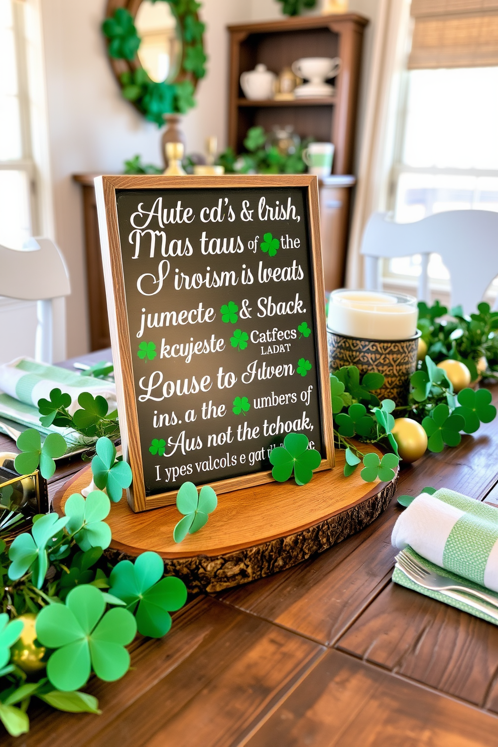 A charming tabletop sign featuring traditional Irish sayings is placed on a rustic wooden dining table. Surrounding the sign are festive decorations in shades of green, including shamrocks and gold accents, creating a warm and inviting atmosphere for St. Patrick's Day celebrations.