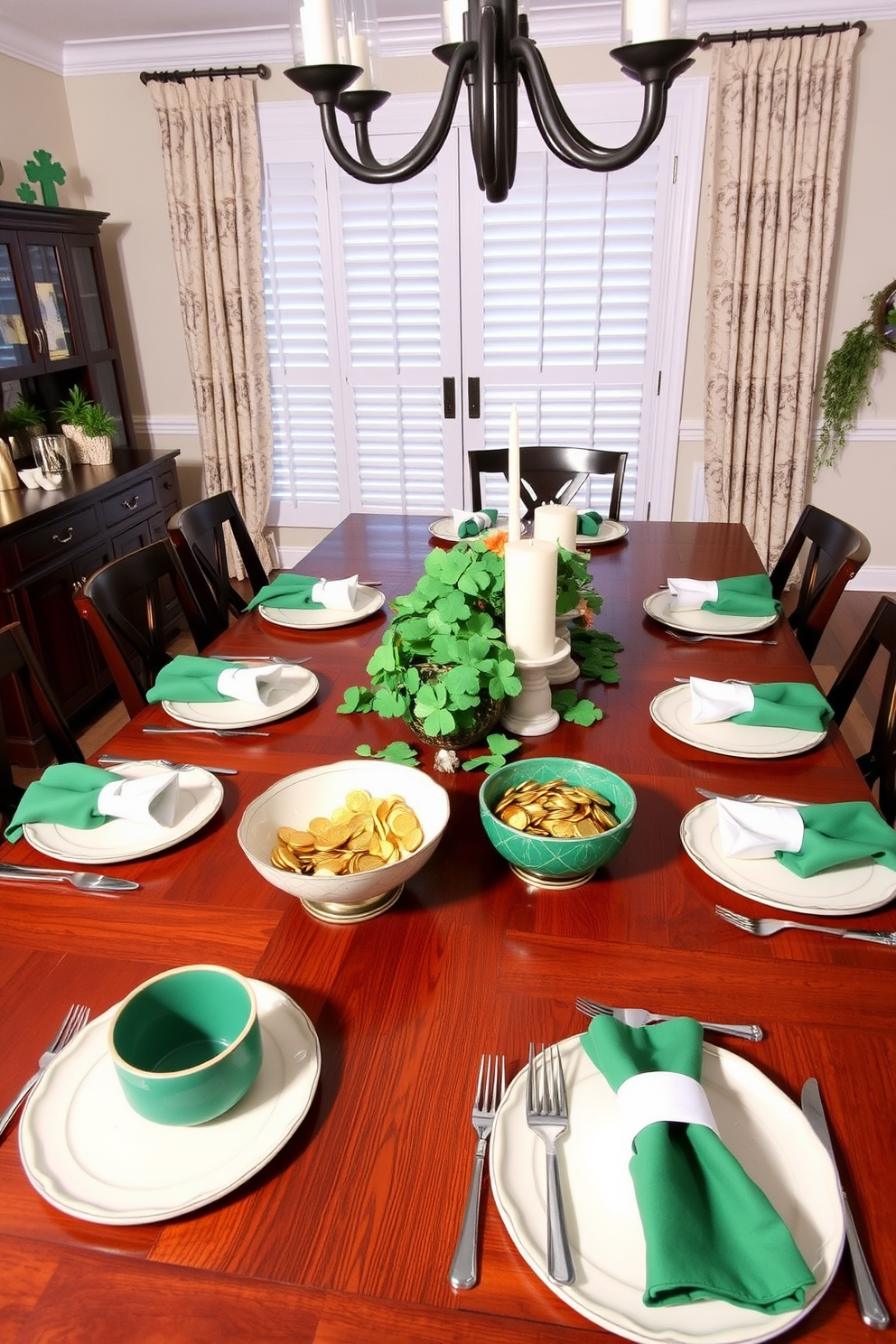 A stylish dining room featuring a large wooden table set for a festive St. Patrick's Day celebration. On the table, decorative bowls filled with gold coins are artfully arranged alongside green and white tableware.