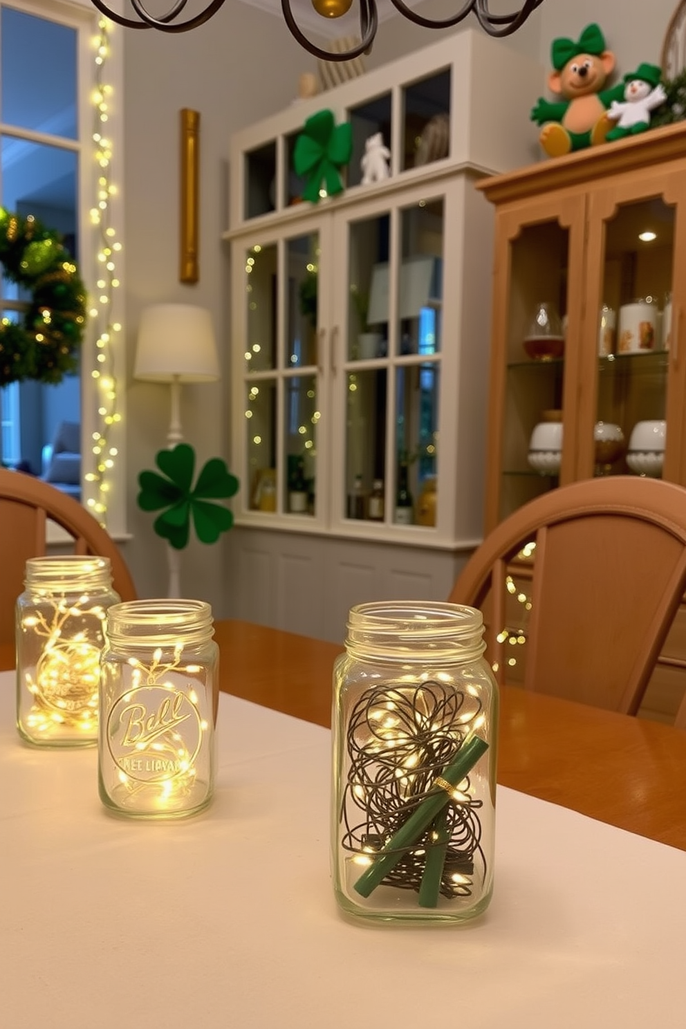 A cozy dining room is adorned with twinkling fairy lights nestled in glass jars placed on the table. The decor features green and gold accents, creating a festive atmosphere for St. Patrick's Day celebrations.