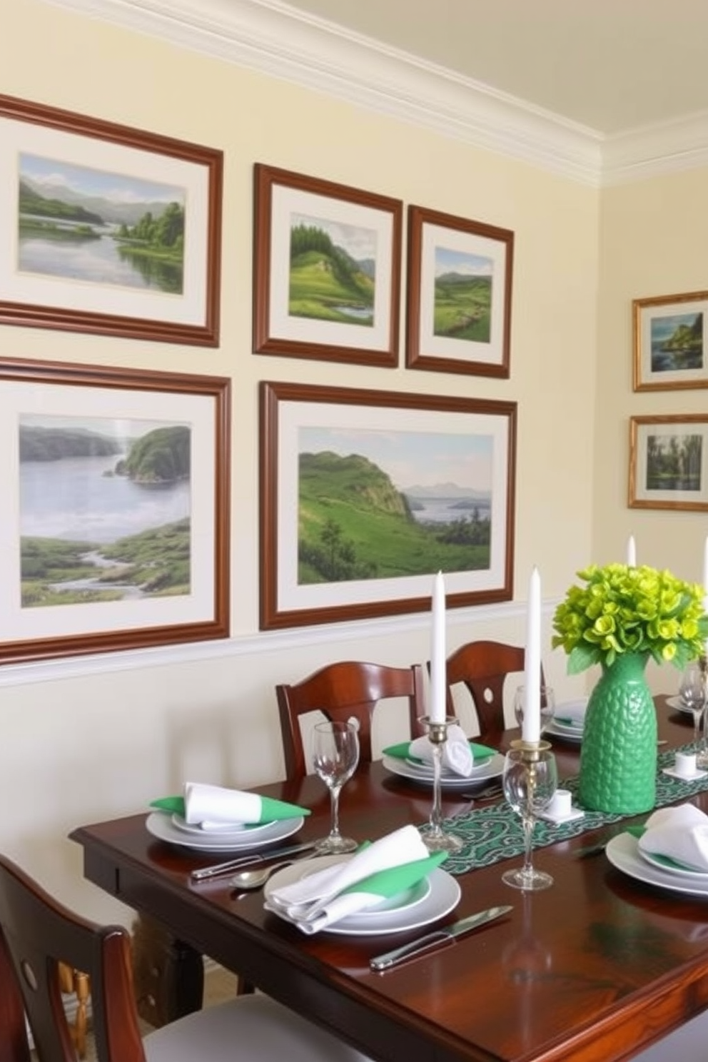 A dining room adorned with framed art featuring serene Irish landscapes. The walls are painted in a soft cream color, complementing the rich wooden dining table set for a festive St. Patrick's Day celebration.