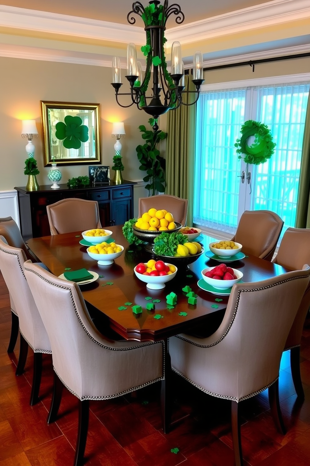 A beautiful dining room setting featuring a large wooden table surrounded by elegant upholstered chairs. The table is adorned with bowls of seasonal fruits in vibrant colors, creating a fresh and inviting atmosphere. For St. Patrick's Day, the room is decorated with green accents and festive centerpieces. Shamrock-themed decorations are scattered across the table, adding a playful touch to the elegant dining experience.