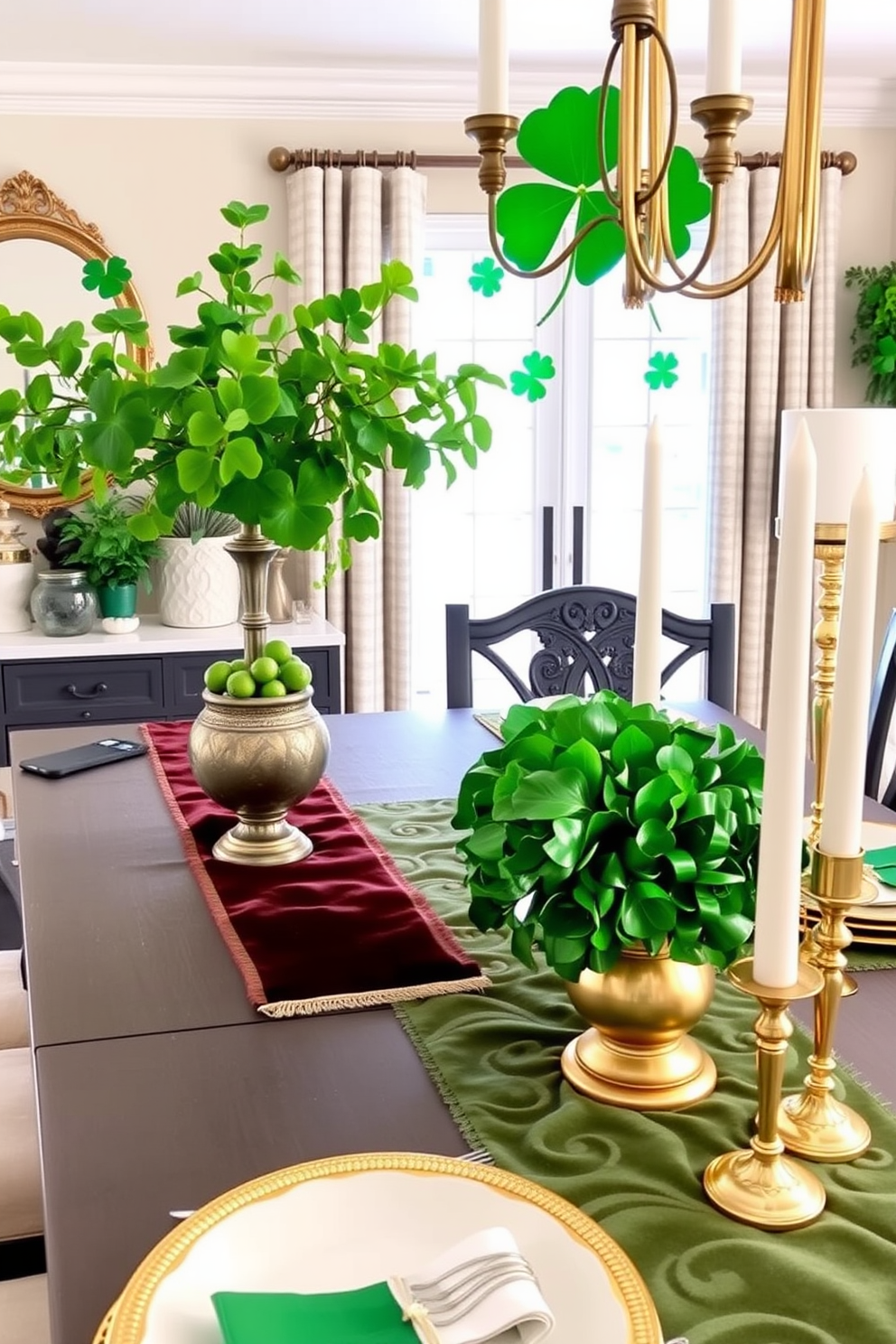 Layered textures create a warm and inviting dining room atmosphere. The table is adorned with a mix of linen and velvet table runners, complemented by lush greenery in decorative planters. For St. Patrick's Day, the decor features vibrant green accents throughout the space. Shamrock-themed centerpieces and gold-toned tableware add a festive touch to the elegant setting.