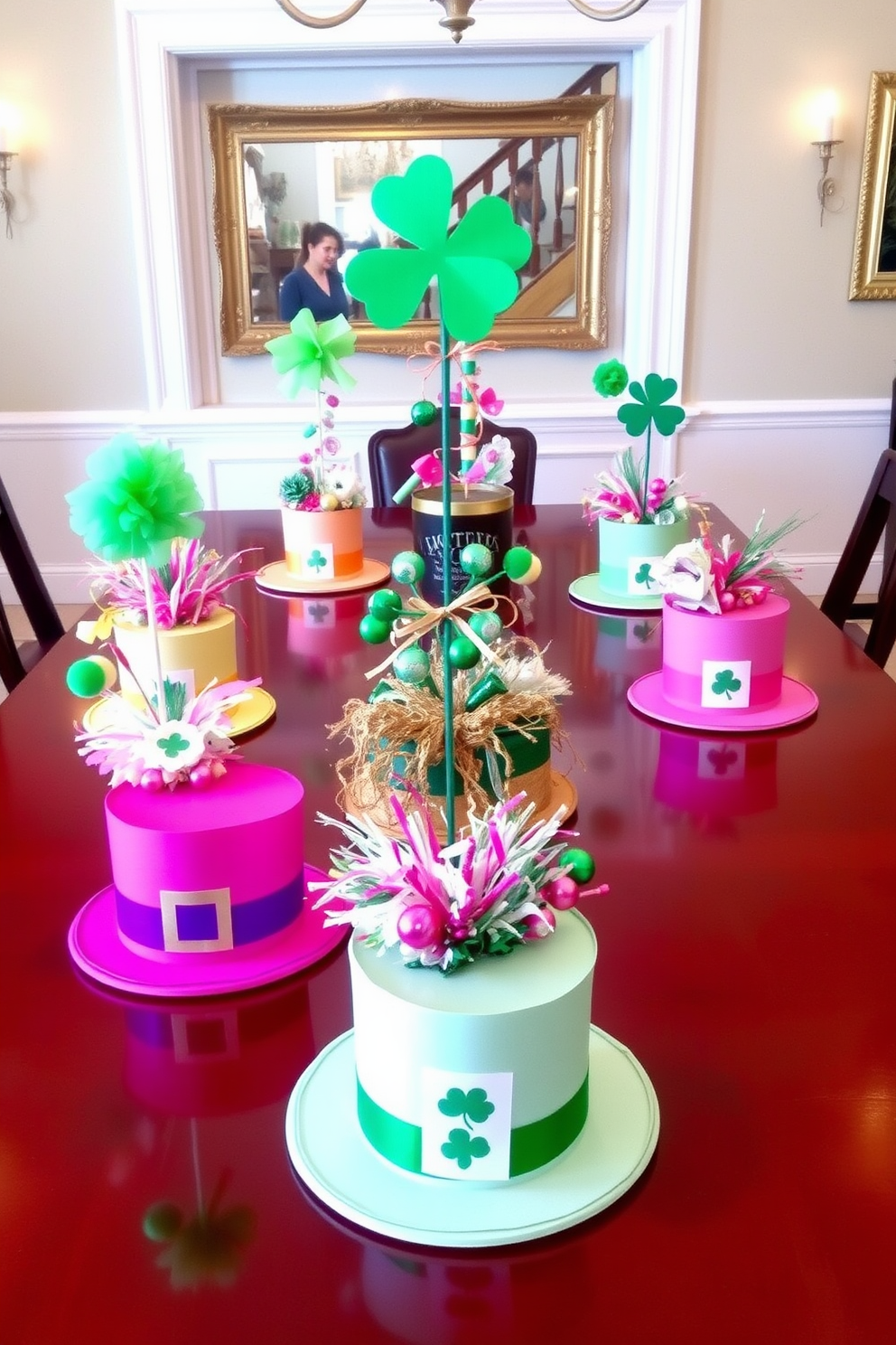 A charming dining room adorned for St. Patrick's Day features a rustic wooden table set with vintage books stacked as decor. Soft green and gold accents are incorporated throughout the space, including shamrock-themed centerpieces and elegant tableware.