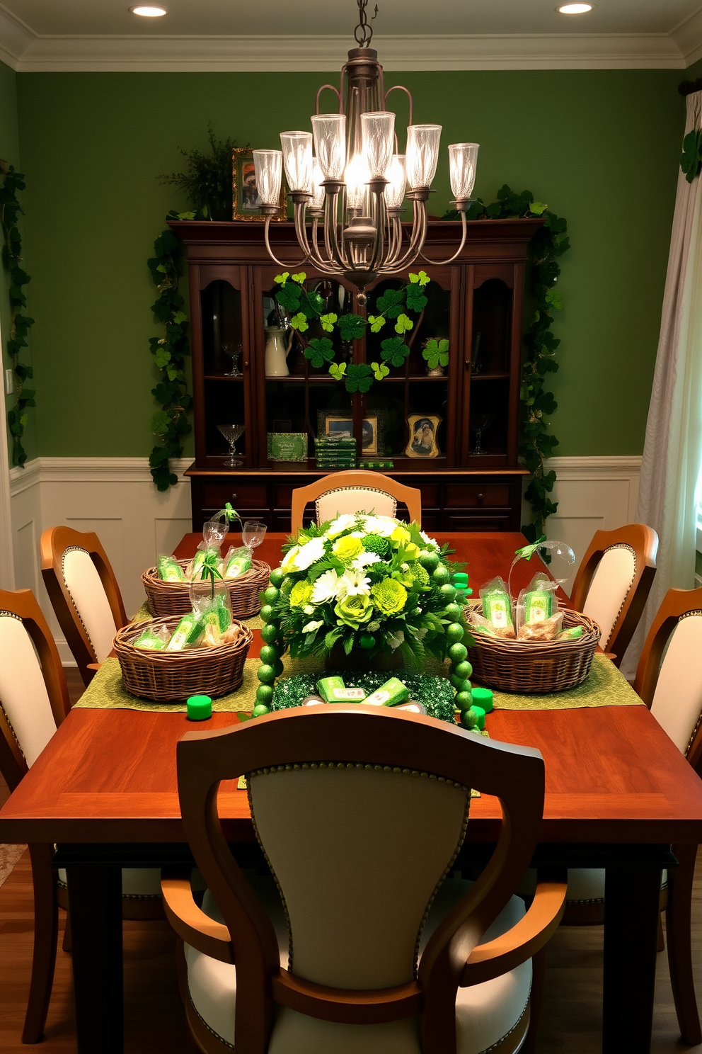 A charming dining room setting adorned for St. Patrick's Day features a large wooden table surrounded by elegant chairs. On the table, baskets filled with traditional sweets are artfully arranged alongside green and gold decorations, creating a festive atmosphere. The walls are decorated with cheerful shamrock garlands and soft, ambient lighting enhances the cozy feel of the space. A centerpiece of fresh flowers in shades of green and white adds a touch of natural beauty to the festive decor.