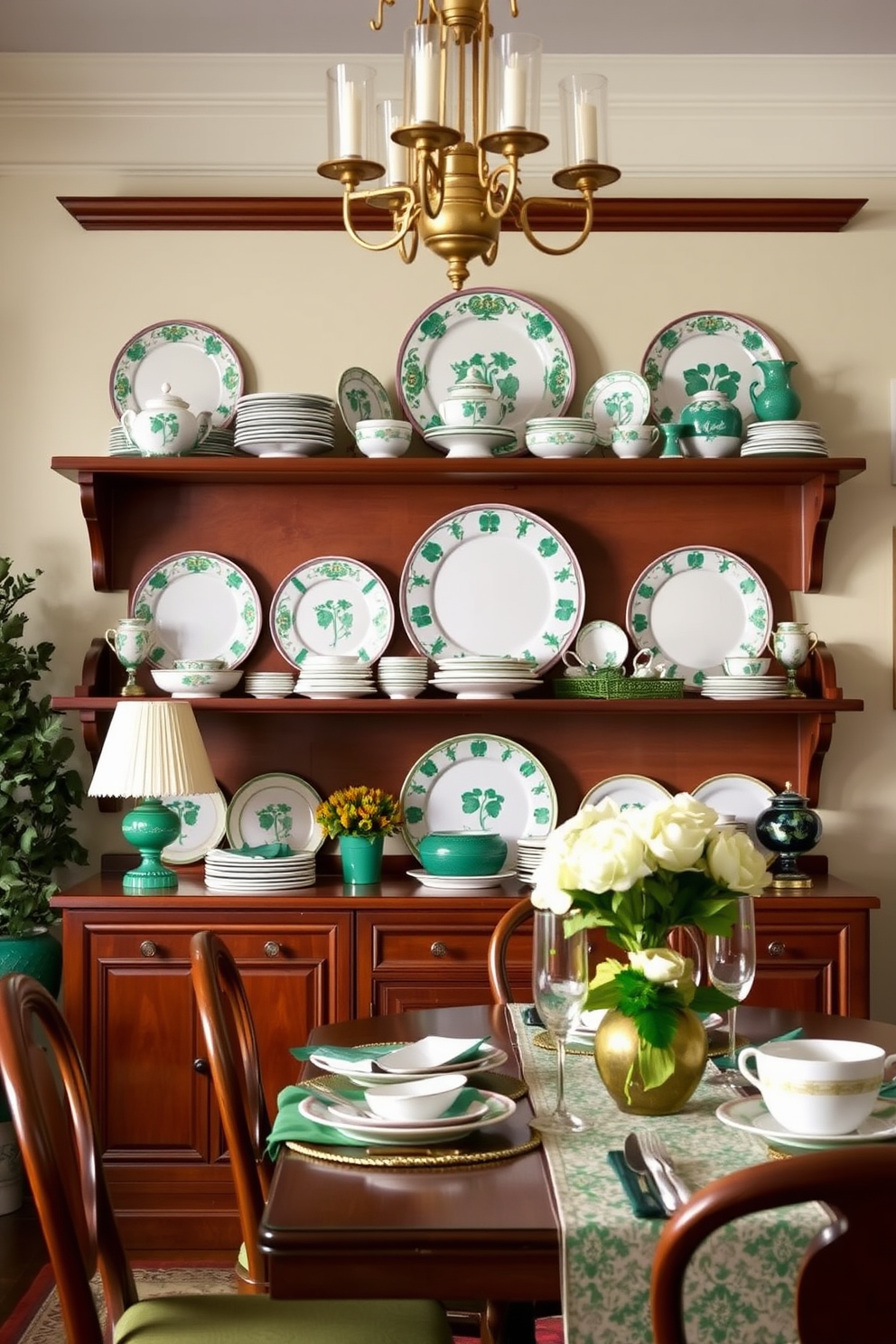 A charming dining room adorned with vintage Irish china displayed on elegant wooden shelves. The decor features green and gold accents, celebrating St. Patrick's Day with a festive yet sophisticated atmosphere.