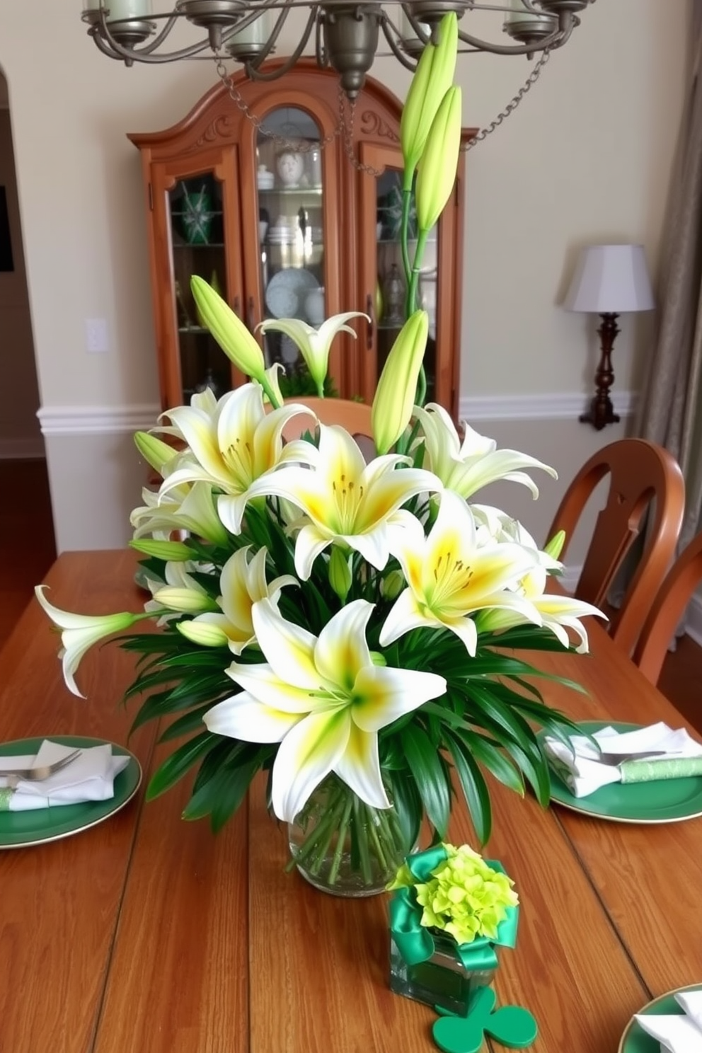 A vibrant dining room setting for St. Patrick's Day festivities. The table is adorned with a green and gold tablecloth, featuring an array of colorful tabletop games for guests to enjoy. Centerpieces include shamrock arrangements and festive candles. Surrounding the table, mismatched chairs create a cozy and inviting atmosphere for lively gatherings.