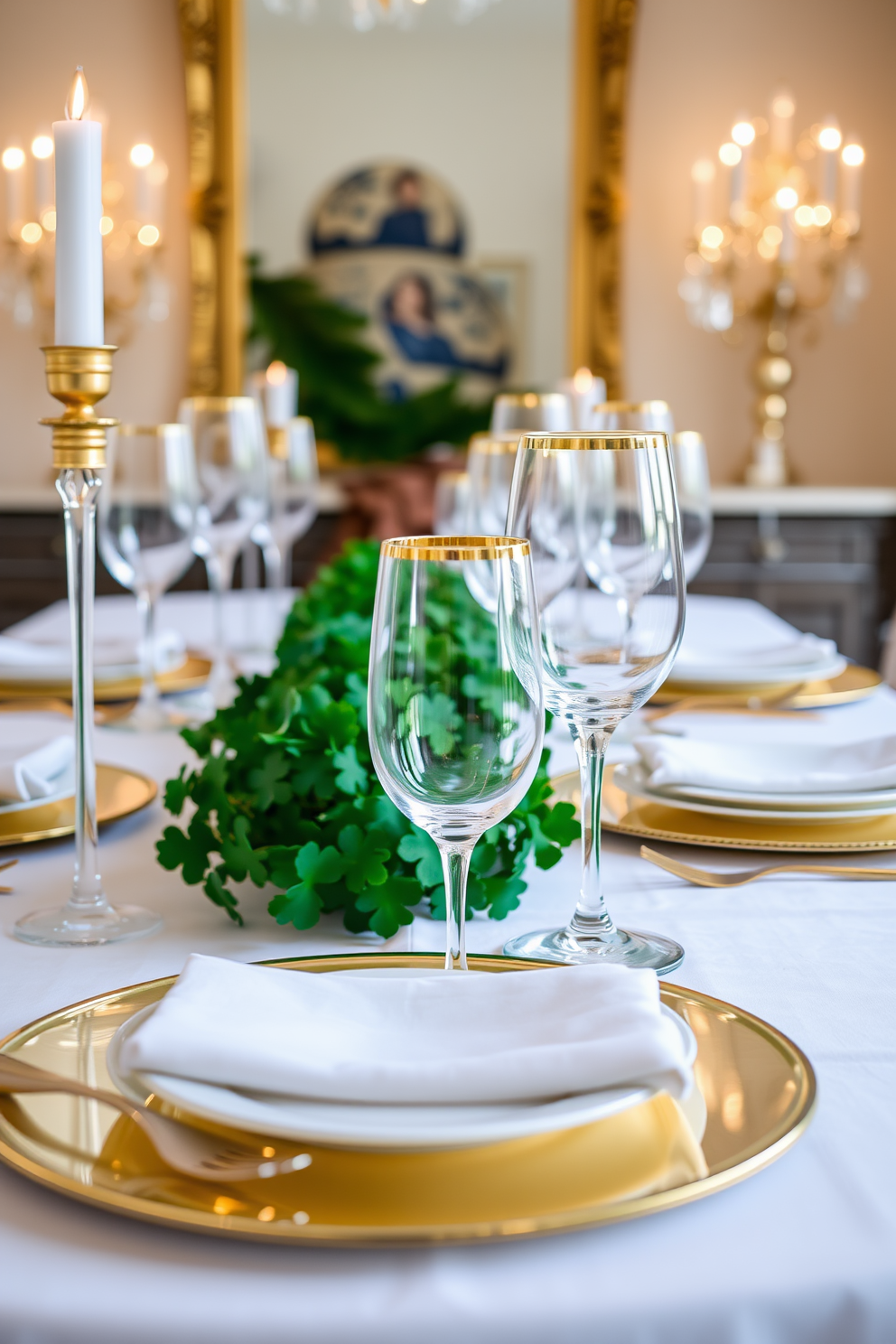 A dining room adorned for St. Patrick's Day features a beautifully set table with gold rimmed glassware that adds a touch of elegance. The table is dressed with a vibrant green tablecloth, complemented by white plates and gold utensils, creating a festive yet sophisticated atmosphere.