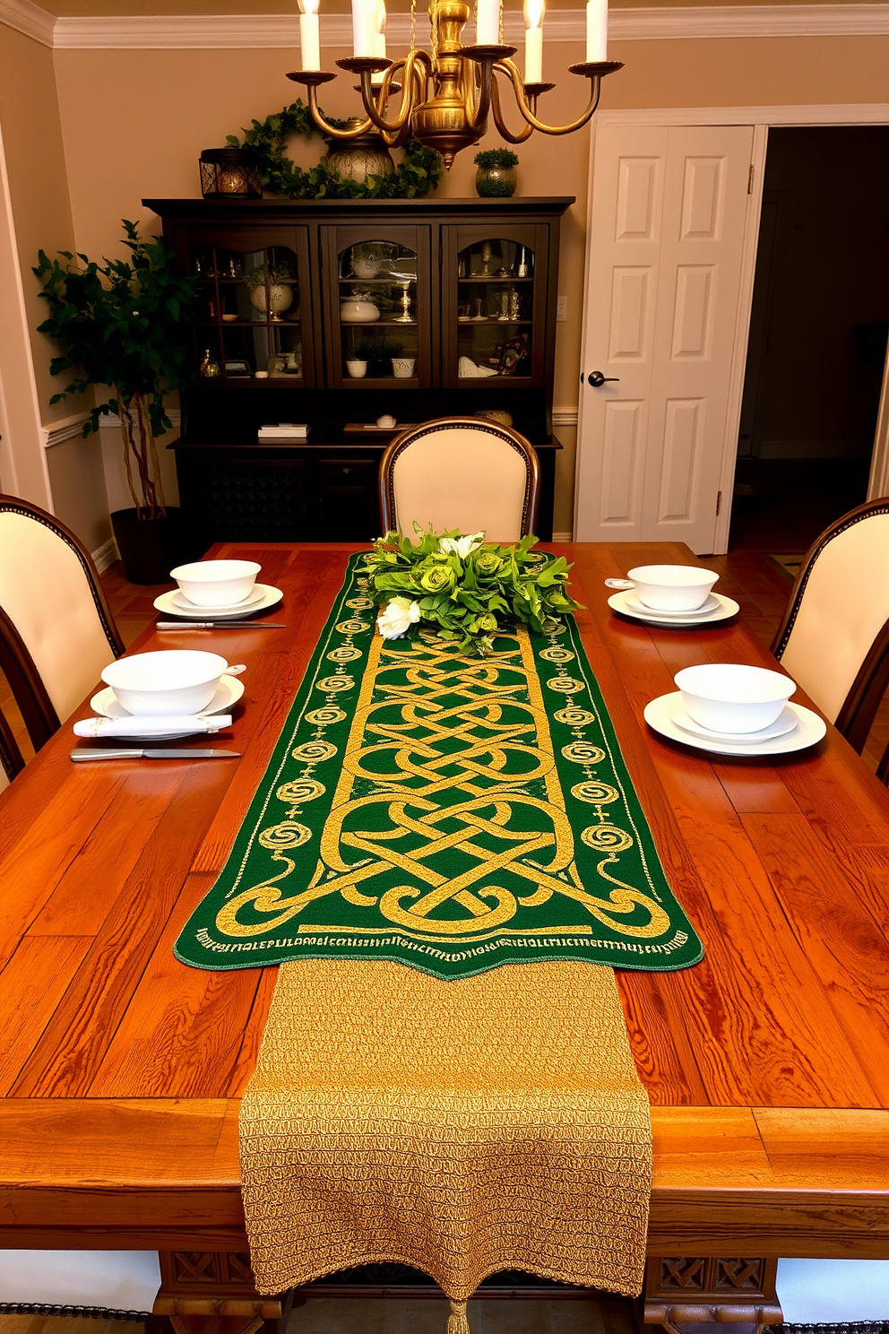 A beautifully crafted Celtic knot table runner adorns a rustic wooden dining table, creating a focal point for the room. The intricate patterns in rich greens and golds evoke the spirit of St. Patrick's Day, complemented by delicate white dinnerware and fresh greenery. Surrounding the table, elegant chairs with soft upholstery invite guests to gather for a festive meal. Soft lighting from a nearby chandelier casts a warm glow, enhancing the inviting atmosphere for celebration and togetherness.