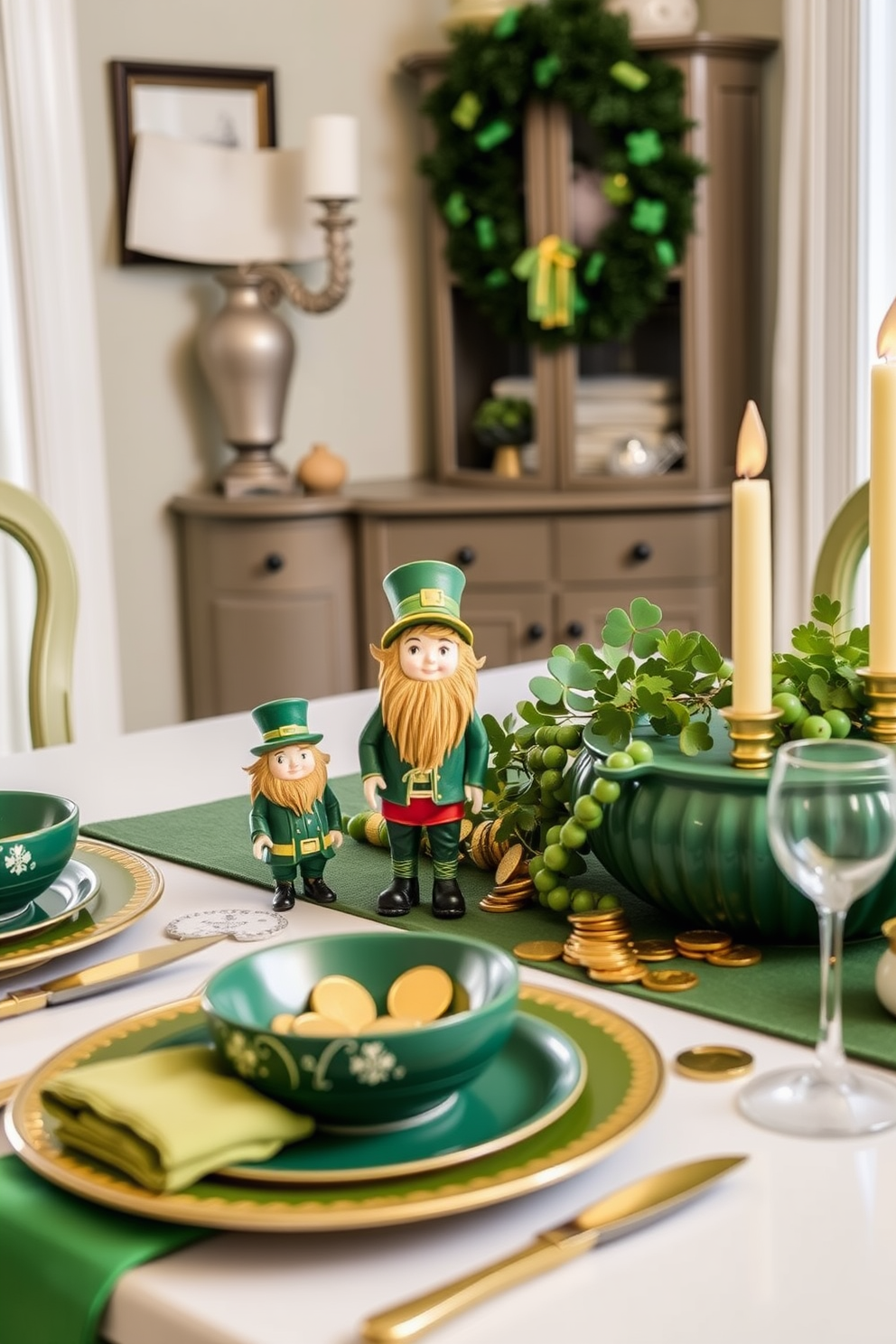 A charming dining room setting adorned with miniature leprechaun figurines as playful accents. The table is set with green and gold tableware, while a festive centerpiece features shamrocks and gold coins to celebrate St. Patrick's Day.