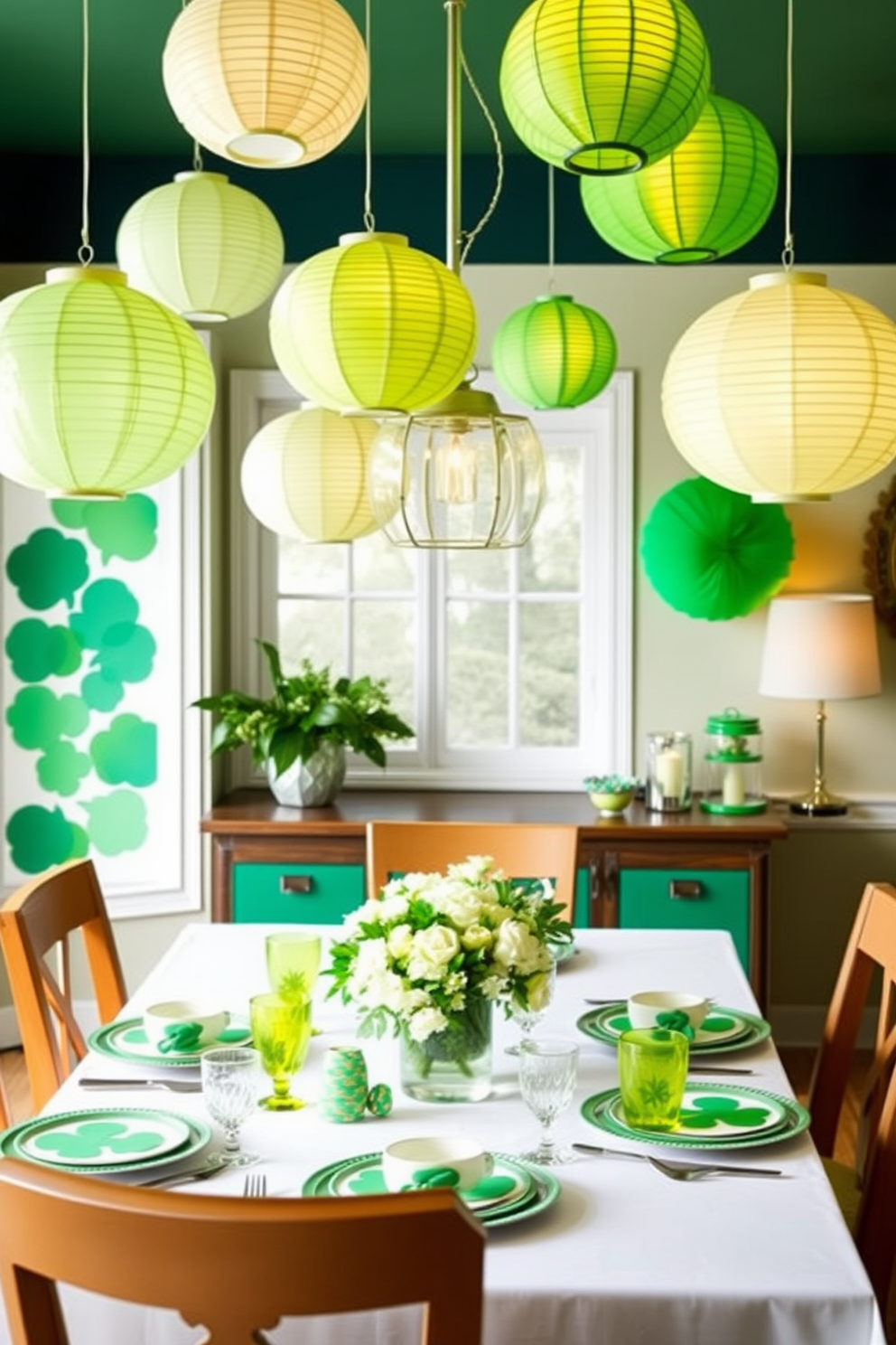 A vibrant dining room adorned with hanging paper lanterns in various shades of green. The table is set with festive tableware featuring shamrock designs, and a centerpiece of fresh green flowers adds a touch of elegance.