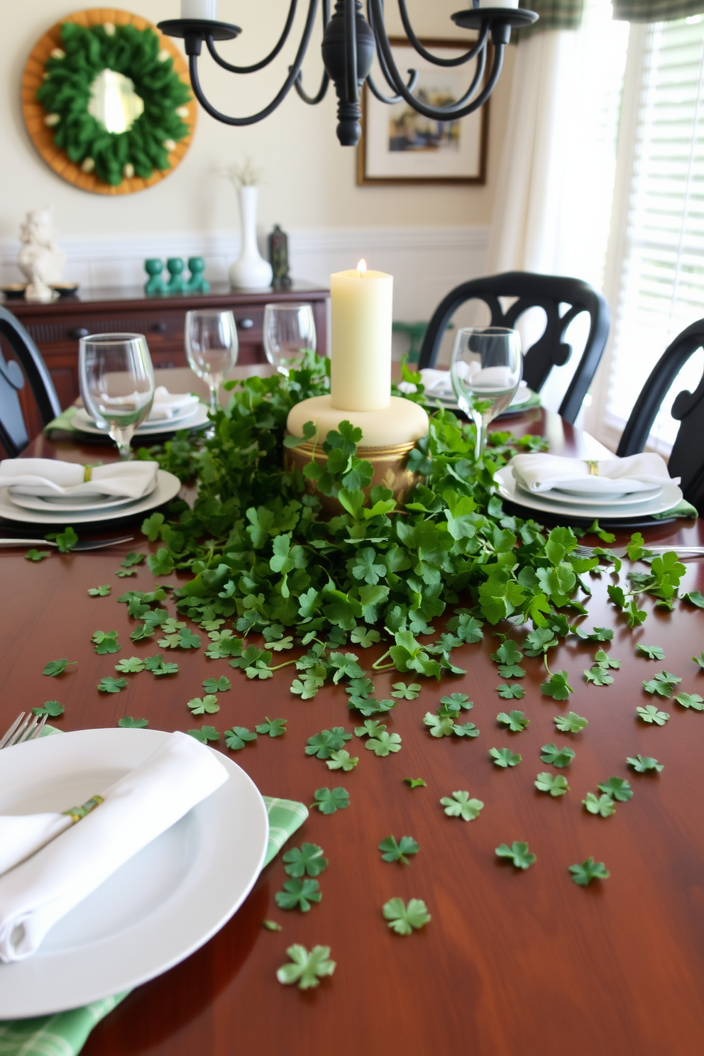 Hanging garlands of shamrocks are draped gracefully overhead, adding a festive touch to the dining room. The table is set with green and gold accents, featuring a centerpiece of fresh flowers and candles to celebrate St. Patrick's Day.