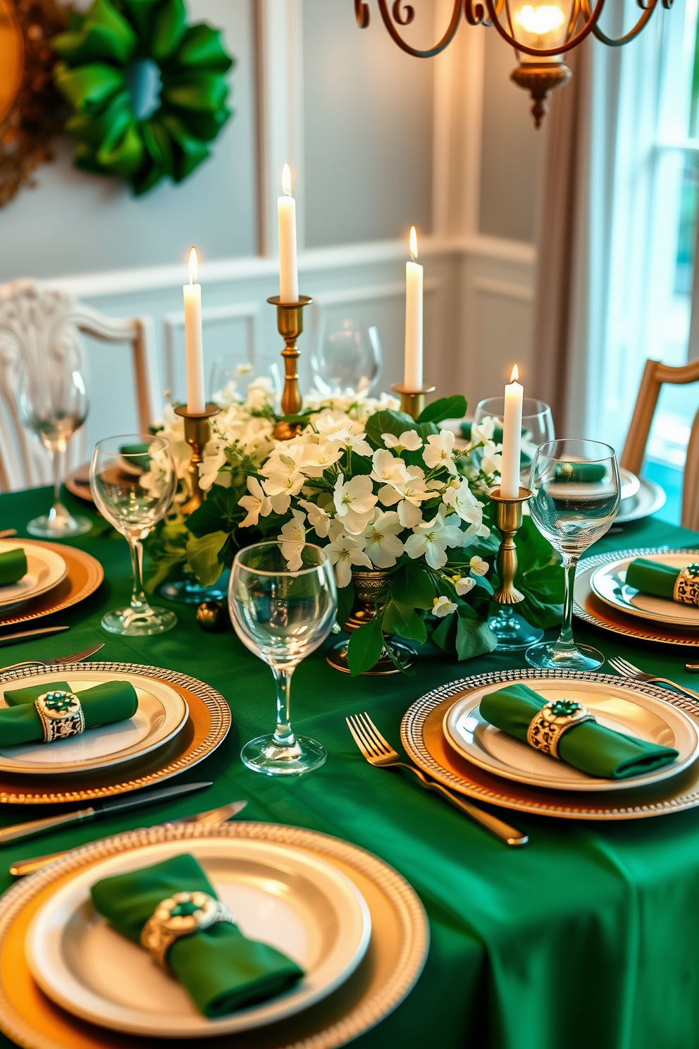 A beautifully set dining table for St. Patrick's Day. Gold chargers elegantly placed under fine china dinner plates, adding a touch of luxury to the festive decor. The table is adorned with lush green linens and delicate white flowers in a centerpiece. Soft candlelight flickers, creating a warm and inviting atmosphere for guests to enjoy.