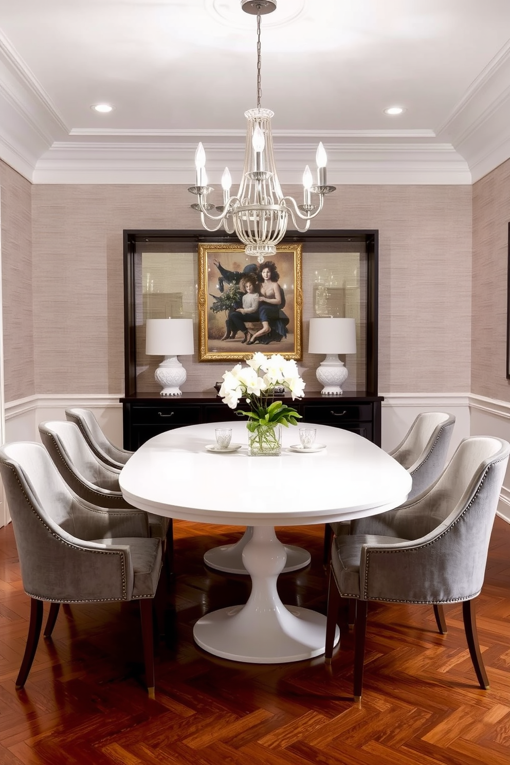 A striking black dining table takes center stage in the dining room, surrounded by an array of colorful chairs that add a vibrant touch. The walls are painted in a soft neutral tone, enhancing the boldness of the table and creating a warm, inviting atmosphere. Above the table, a modern chandelier with geometric shapes casts a soft glow, illuminating the space beautifully. A large piece of abstract art hangs on the wall, complementing the eclectic mix of colors from the chairs and adding visual interest to the room.