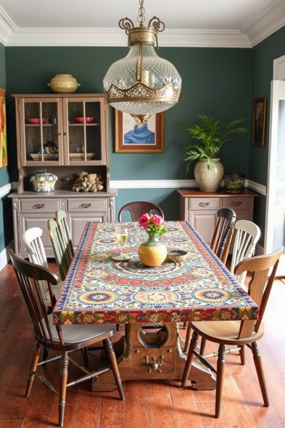 A long rectangular dining table made of reclaimed wood sits at the center of a spacious dining room. Surrounding the table are elegant upholstered chairs in a soft gray fabric, creating a warm and inviting atmosphere. Above the table, a stunning chandelier with multiple glass orbs hangs, casting a soft glow over the space. The walls are painted in a crisp white, complemented by a large piece of abstract art that adds a pop of color to the room.