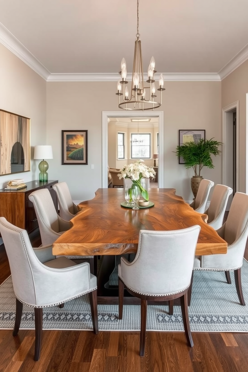 A contemporary oval dining table with soft edges is the focal point of the room. It is surrounded by plush upholstered chairs in a neutral fabric, creating an inviting atmosphere for gatherings. The table is set with elegant dinnerware and a minimalist centerpiece, enhancing the modern aesthetic. Large windows allow natural light to flood the space, highlighting the warm wood tones of the table and the sleek lines of the decor.