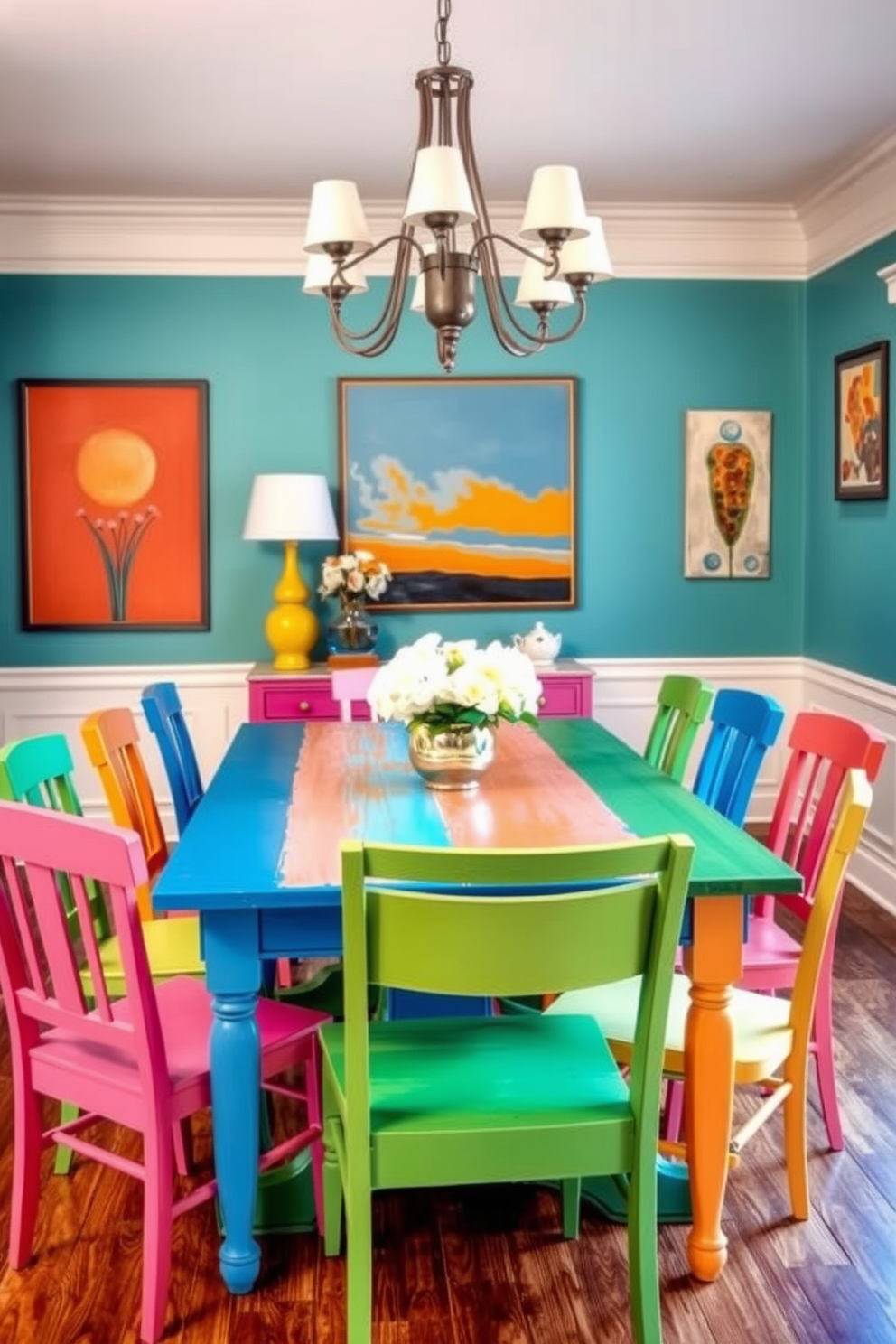 A dark wood table is the centerpiece of the dining room, showcasing rich textures and a polished finish. Surrounding the table are light-colored chairs that create a striking contrast, enhancing the overall elegance of the space.