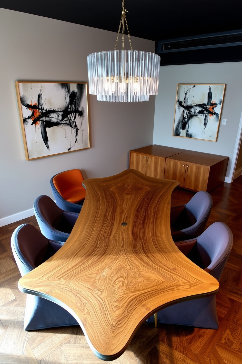 A unique dining room table features an asymmetric shape that draws the eye and adds character to the space. Crafted from rich walnut wood, the table showcases a blend of organic curves and sharp angles, providing a striking focal point for the dining area. Surrounding the table, elegant chairs with contrasting upholstery enhance the modern aesthetic. The tabletop is adorned with a minimalist centerpiece, while soft pendant lighting overhead creates an inviting atmosphere for gatherings.