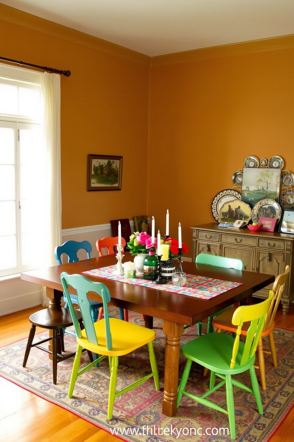 An Art Deco style dining room table features bold geometric patterns and luxurious materials. The table is surrounded by elegant chairs upholstered in rich velvet, creating a sophisticated ambiance.