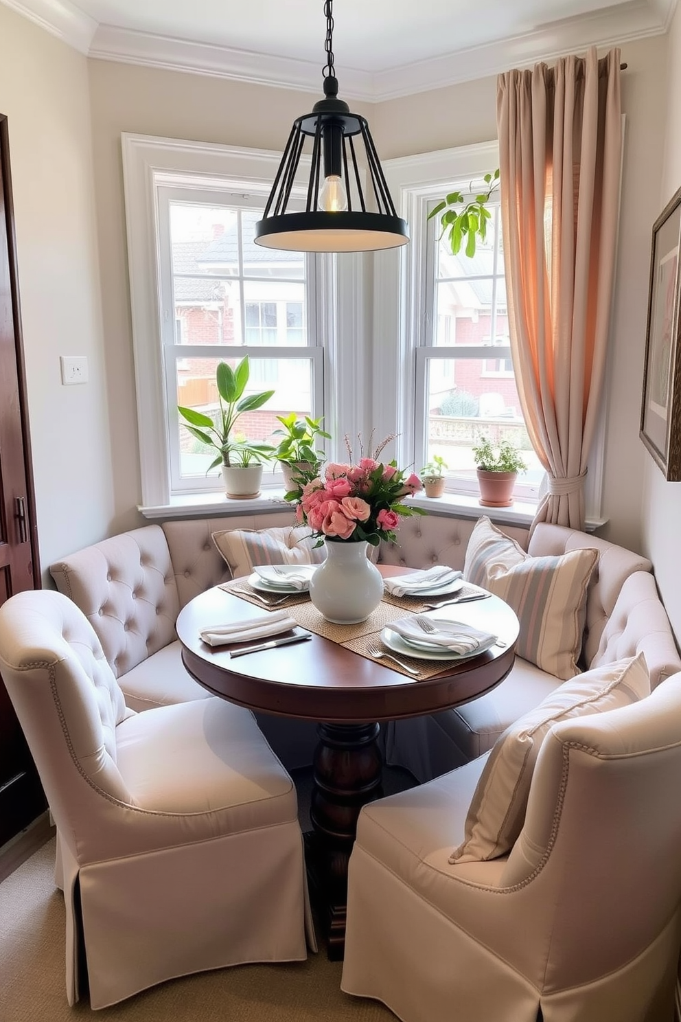 A natural wood dining table with a live edge finish serves as the centerpiece of the dining room. Surrounding the table are elegant upholstered chairs that complement the organic beauty of the wood.