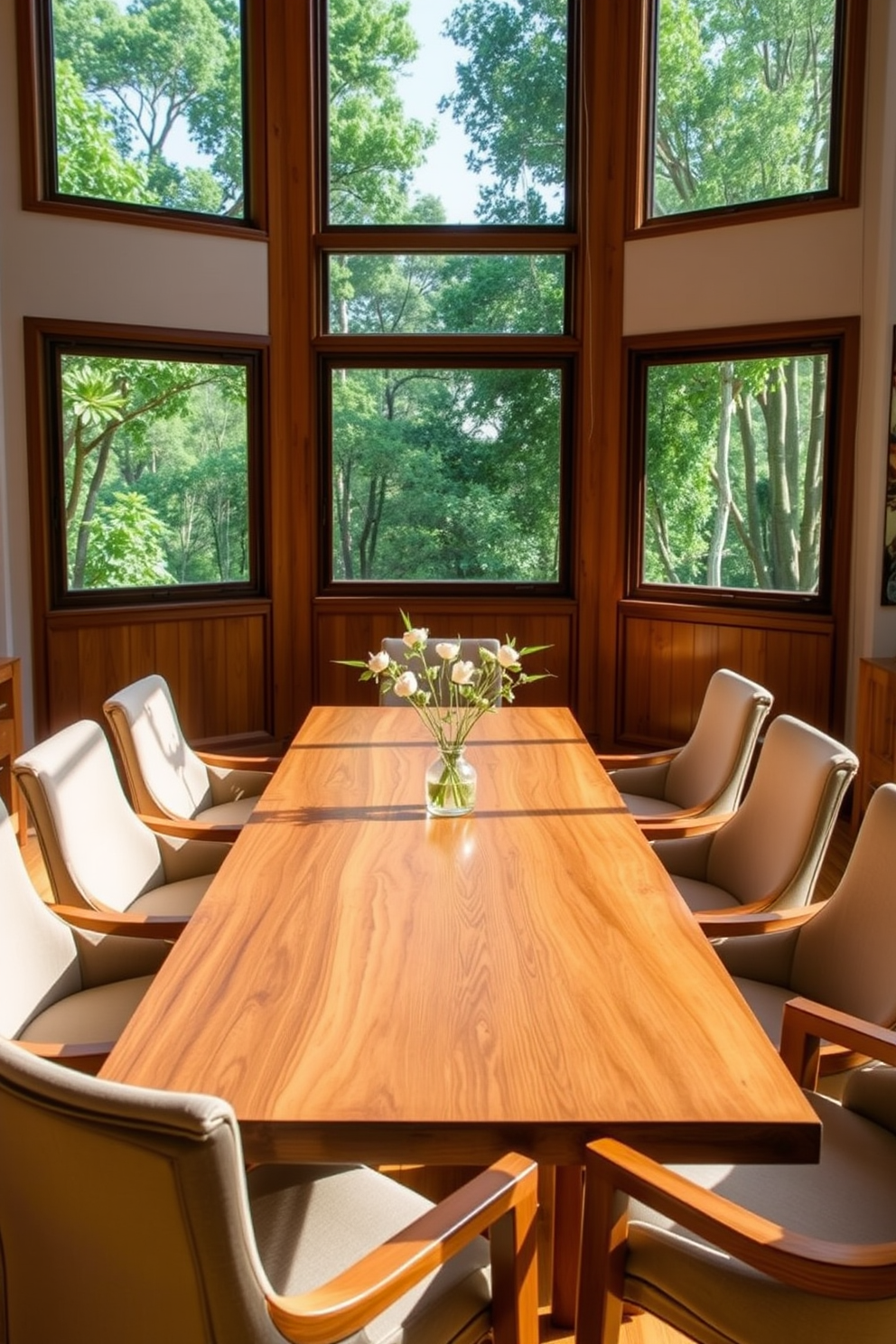 A luxury dining room featuring a grand rectangular table with a polished dark wood finish. Above the table, an elegant crystal chandelier hangs, casting a warm glow over the space. The chairs are upholstered in rich velvet, complementing the opulent atmosphere. Floor-to-ceiling windows draped in sheer fabric allow natural light to fill the room, enhancing the overall elegance.