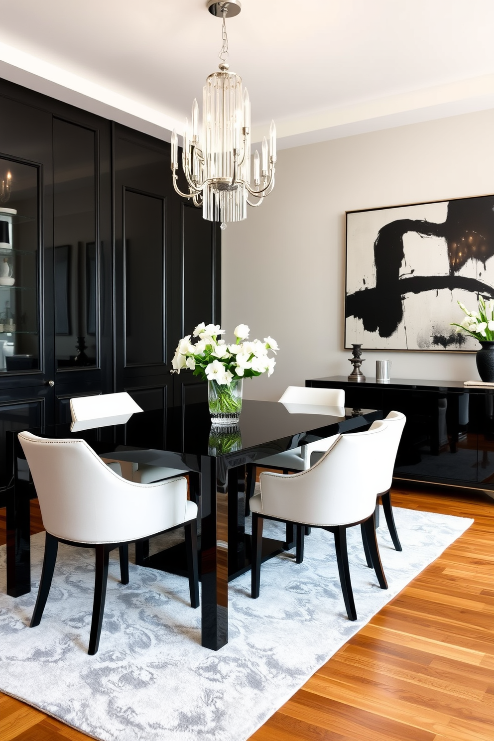 An elegant round table is centered in a bright dining room, surrounded by plush upholstered chairs in a soft fabric. The table is adorned with a tasteful centerpiece of fresh flowers and candles, creating a warm and inviting atmosphere. Natural light streams through large windows, illuminating the space and highlighting the rich wooden flooring. The walls are painted in a soft neutral tone, enhancing the overall sophistication of the dining area.